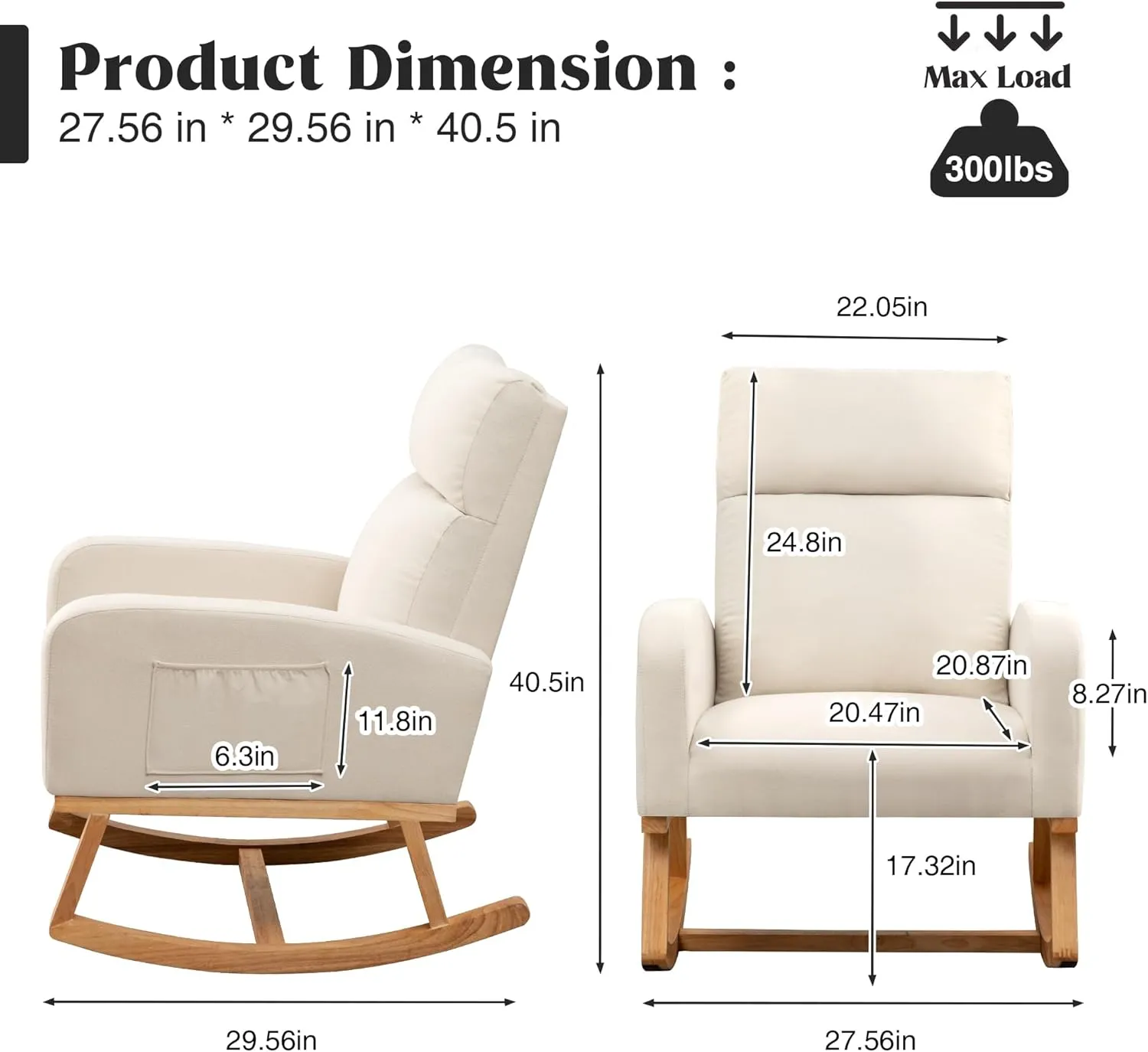Rocking Chair Nursery, Upholstered Nursing Rocker Chairs with High Backrest, Modern Glider Rocking Chair for Nursery Living Room, Bedroom, White