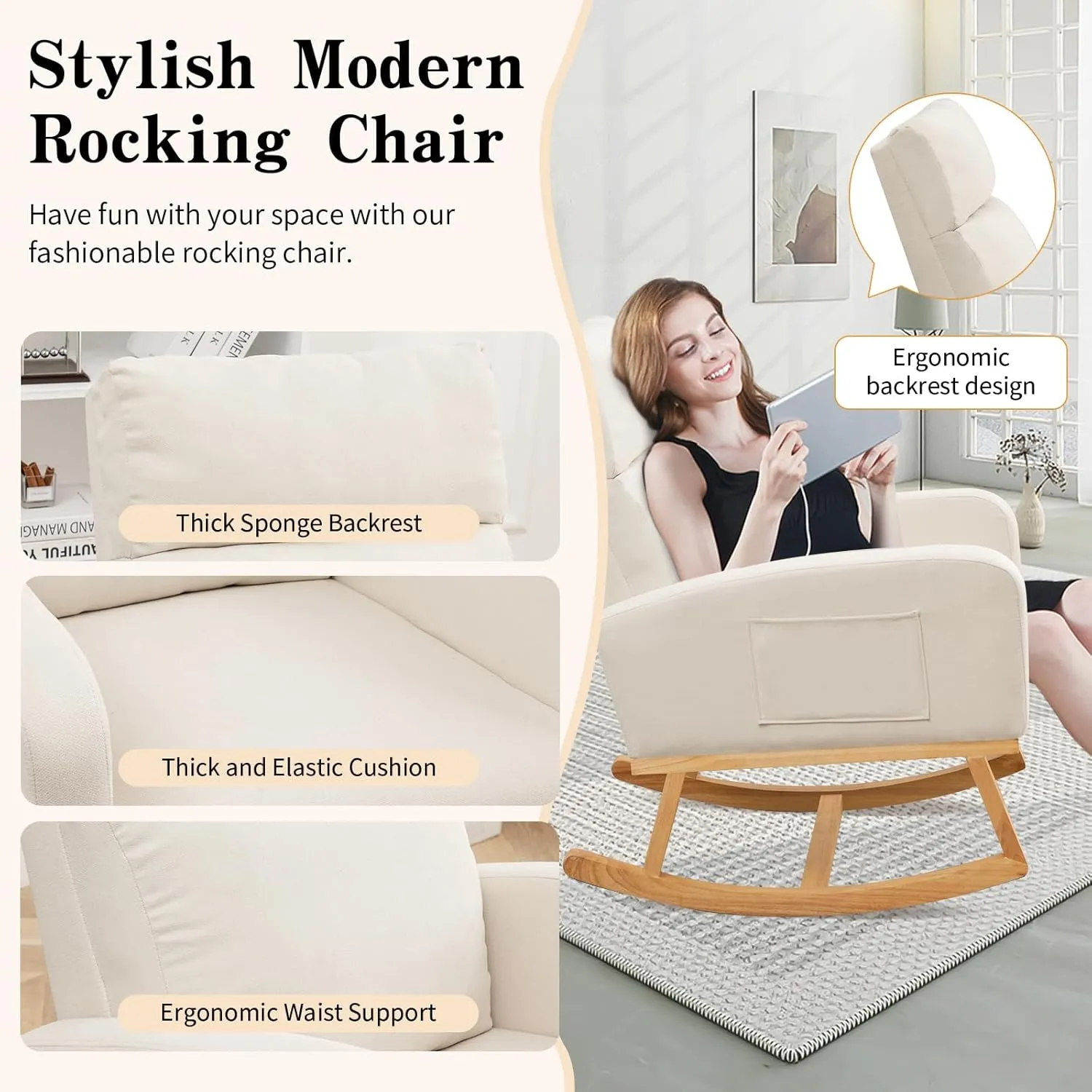 Rocking Chair Nursery, Upholstered Nursing Rocker Chairs with High Backrest, Modern Glider Rocking Chair for Nursery Living Room, Bedroom, White