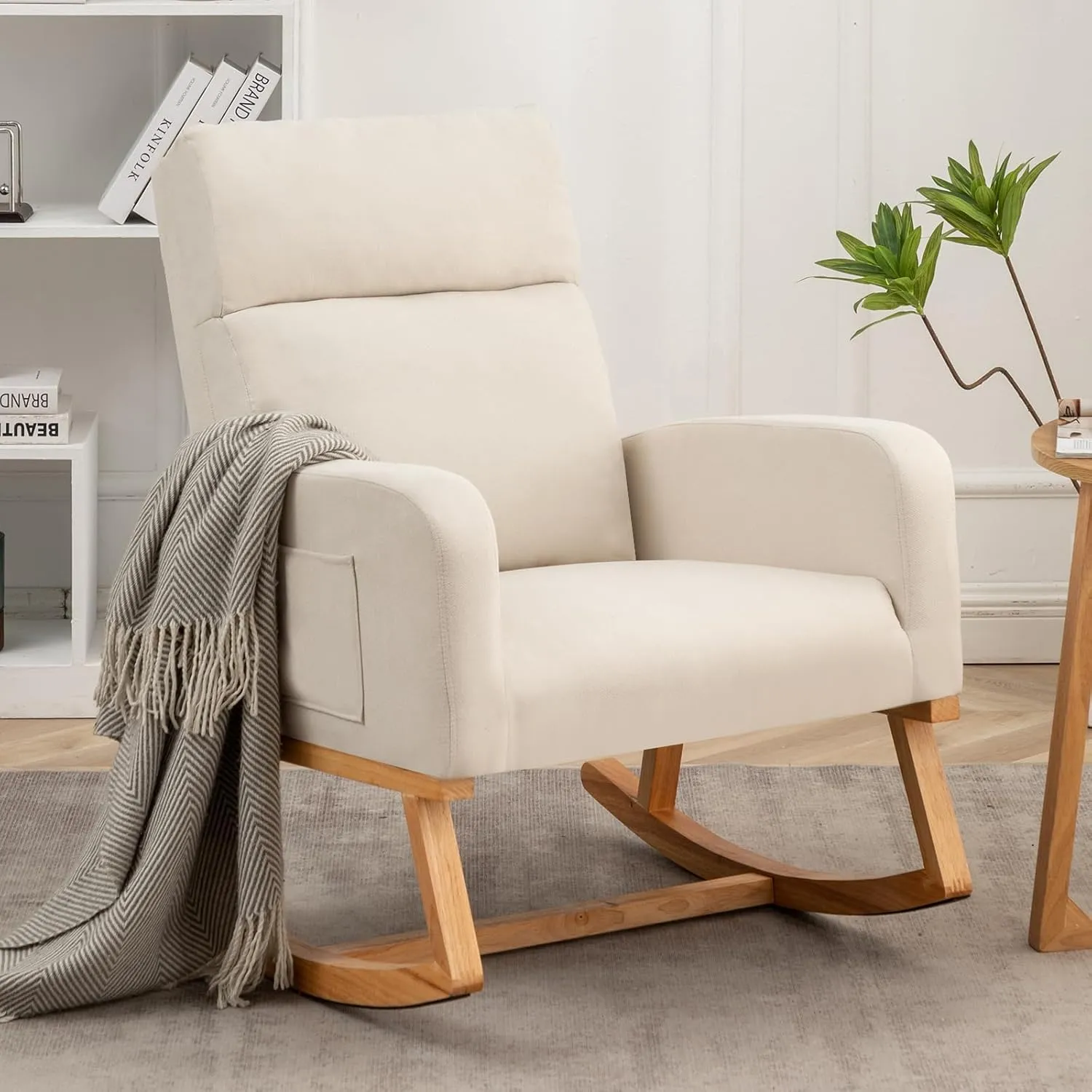 Rocking Chair Nursery, Upholstered Nursing Rocker Chairs with High Backrest, Modern Glider Rocking Chair for Nursery Living Room, Bedroom, White
