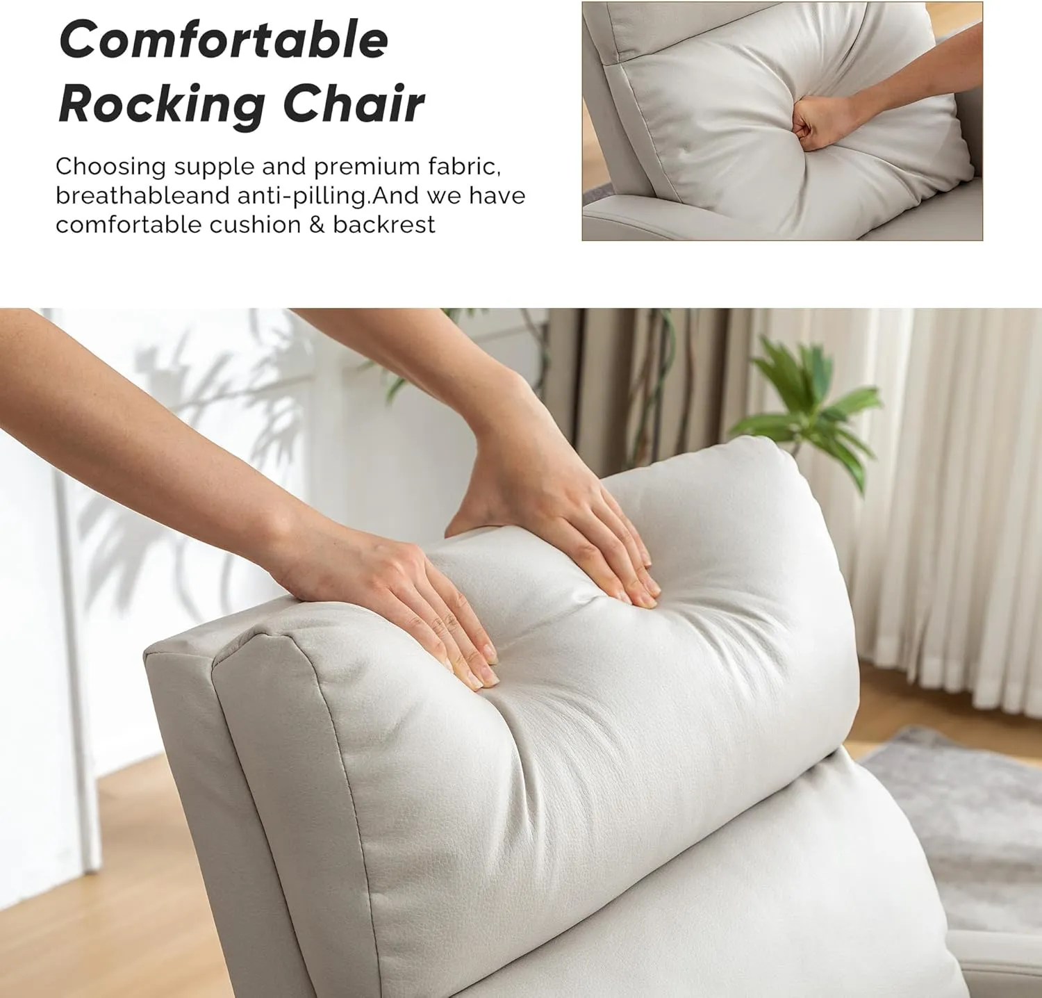 Rocking Chair Nursery, Uplostered Leather Rocker Nursing Chairs with Wood Legs and Side Pocket, Comfortable Glider Roking Chair for Nursery, Living Room, Bedroom, Leather Beige