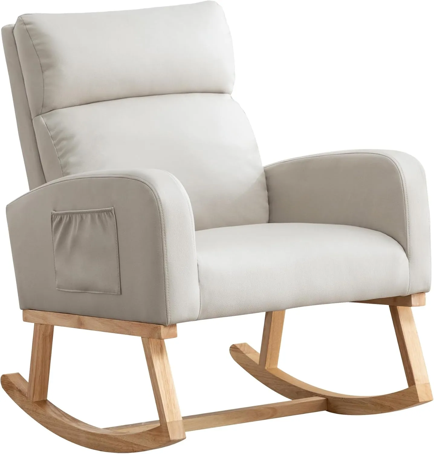 Rocking Chair Nursery, Uplostered Leather Rocker Nursing Chairs with Wood Legs and Side Pocket, Comfortable Glider Roking Chair for Nursery, Living Room, Bedroom, Leather Beige