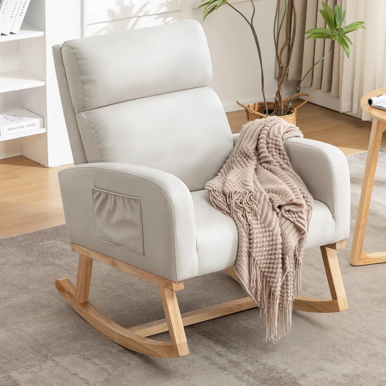 Rocking Chair Nursery, Uplostered Leather Rocker Nursing Chairs with Wood Legs and Side Pocket, Comfortable Glider Roking Chair for Nursery, Living Room, Bedroom, Leather Beige