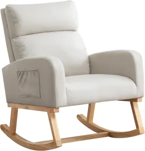 Rocking Chair Nursery, Uplostered Leather Rocker Nursing Chairs with Wood Legs and Side Pocket, Comfortable Glider Roking Chair for Nursery, Living Room, Bedroom, Leather Beige