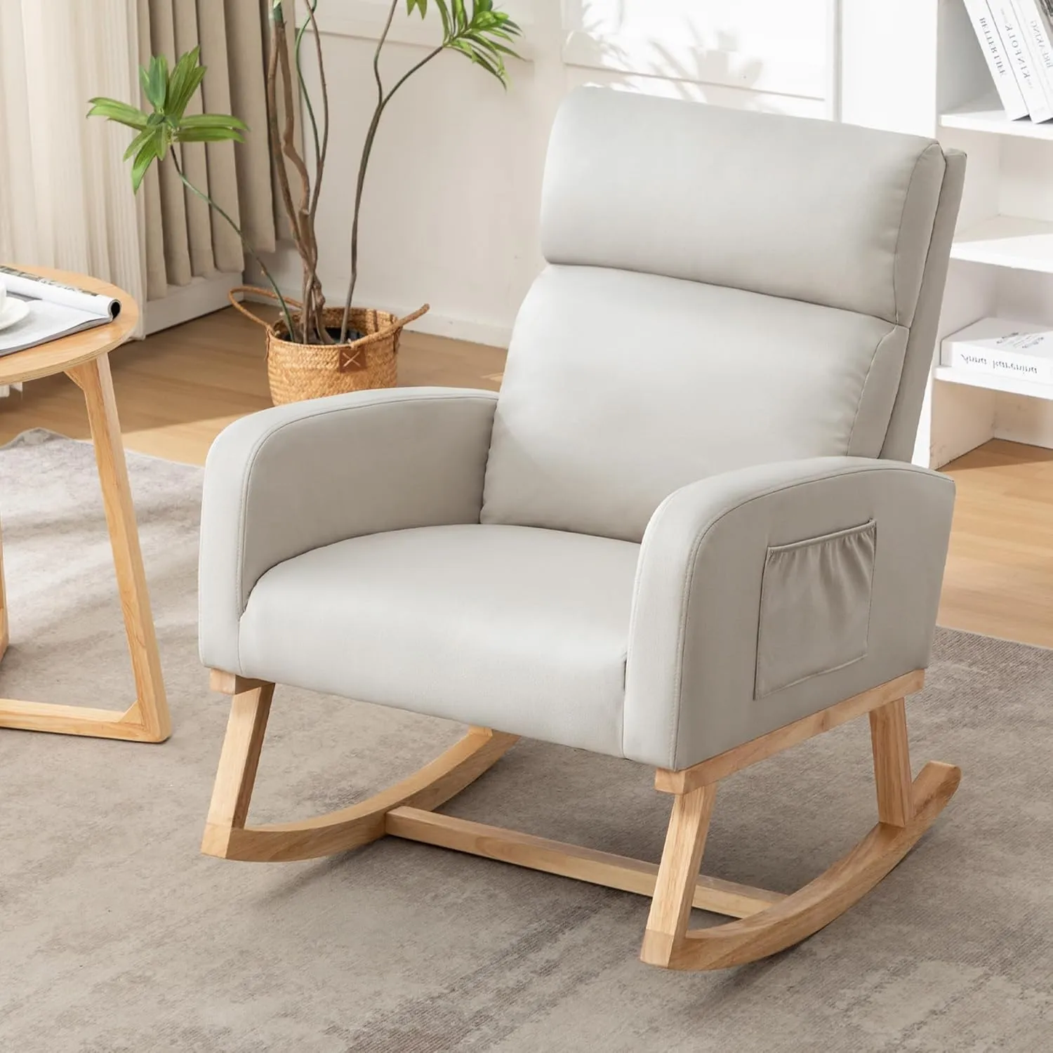 Rocking Chair Nursery, Uplostered Leather Rocker Nursing Chairs with Wood Legs and Side Pocket, Comfortable Glider Roking Chair for Nursery, Living Room, Bedroom, Leather Beige