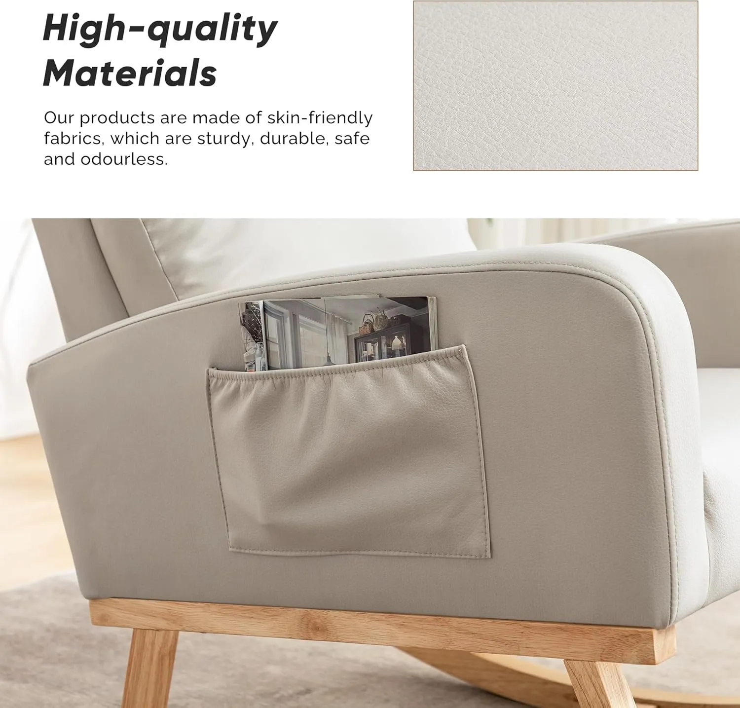 Rocking Chair Nursery, Uplostered Leather Rocker Nursing Chairs with Wood Legs and Side Pocket, Comfortable Glider Roking Chair for Nursery, Living Room, Bedroom, Leather Beige