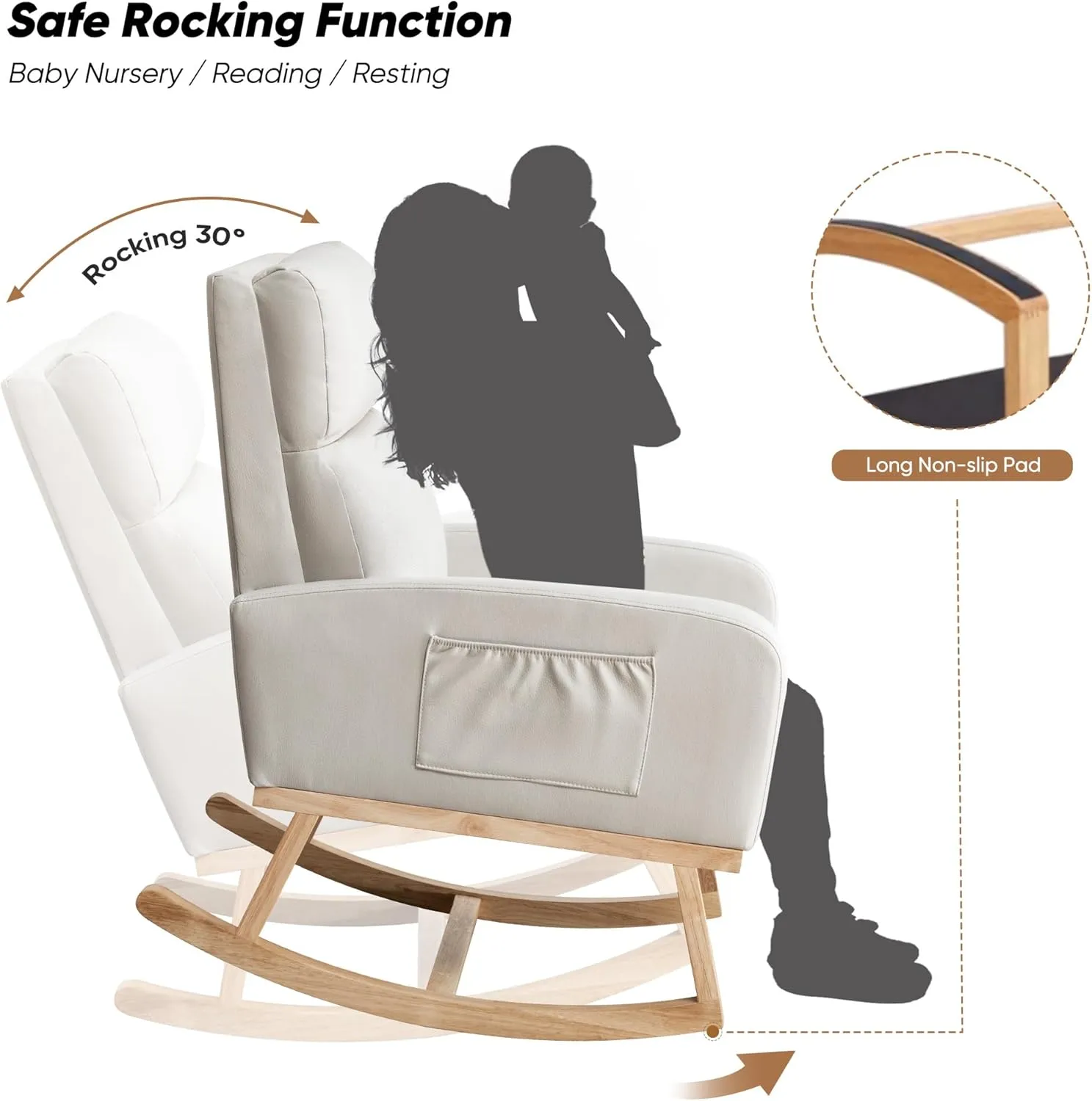 Rocking Chair Nursery, Uplostered Leather Rocker Nursing Chairs with Wood Legs and Side Pocket, Comfortable Glider Roking Chair for Nursery, Living Room, Bedroom, Leather Beige