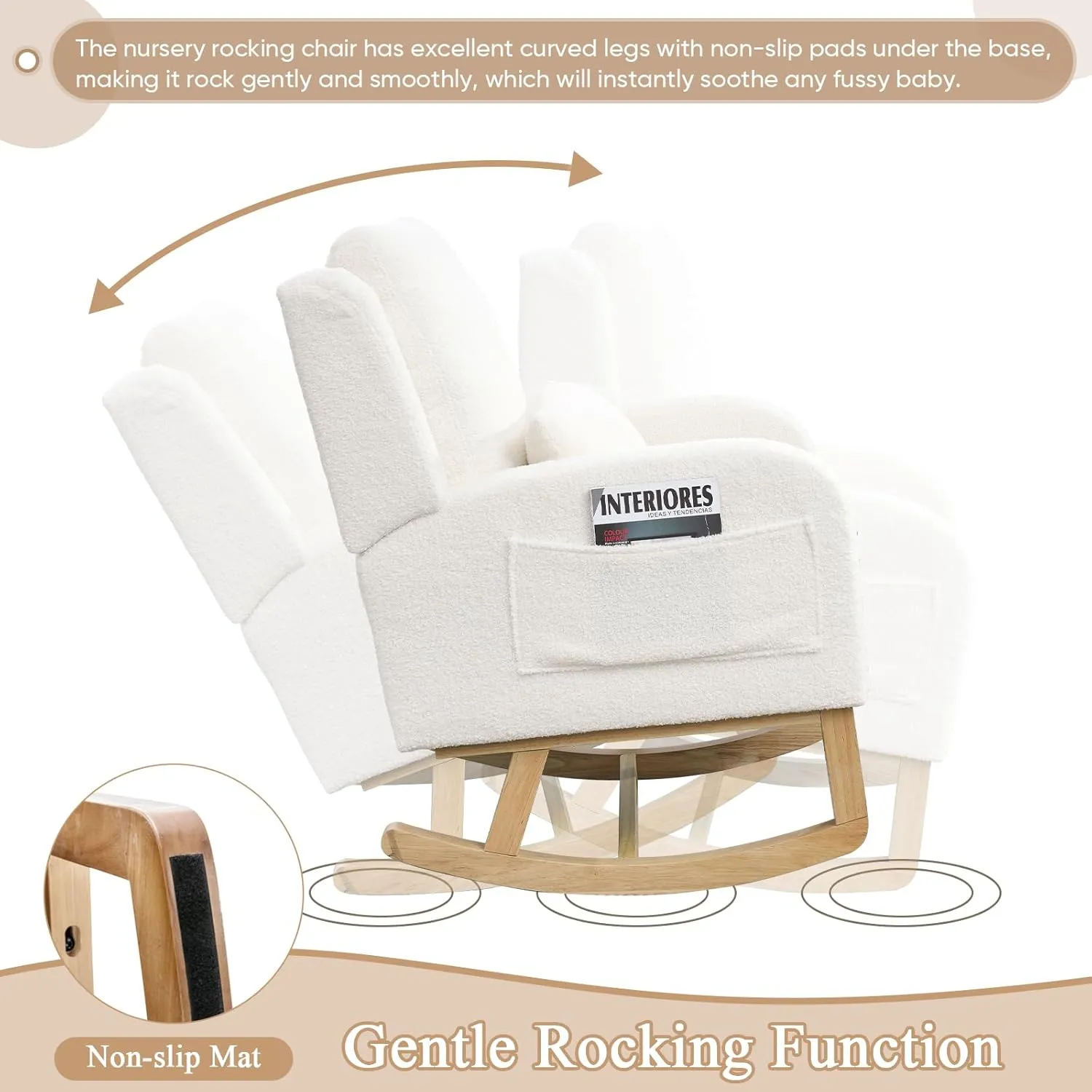 Rocking Glider Chair for Nursery, Wingback Accent Rocker Chair Upholstered Tall Back Arm Chair w/Side Pockets, Modern Leisure Single Sofa for Living Room, Hotel, Bedroom, Baby Room, Cream