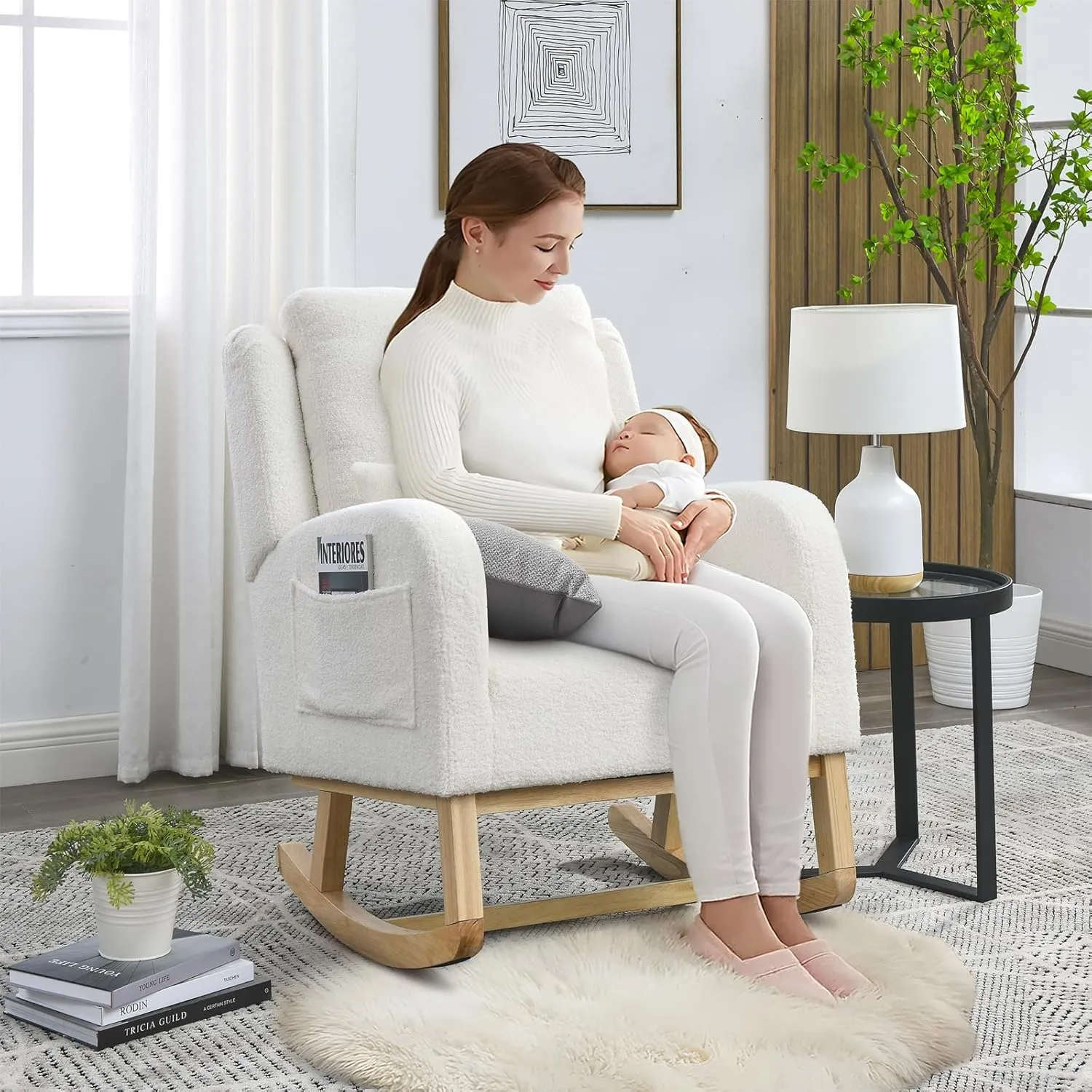 Rocking Glider Chair for Nursery, Wingback Accent Rocker Chair Upholstered Tall Back Arm Chair w/Side Pockets, Modern Leisure Single Sofa for Living Room, Hotel, Bedroom, Baby Room, Cream