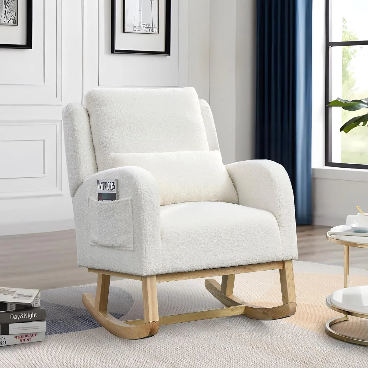 Rocking Glider Chair for Nursery, Wingback Accent Rocker Chair Upholstered Tall Back Arm Chair w/Side Pockets, Modern Leisure Single Sofa for Living Room, Hotel, Bedroom, Baby Room, Cream