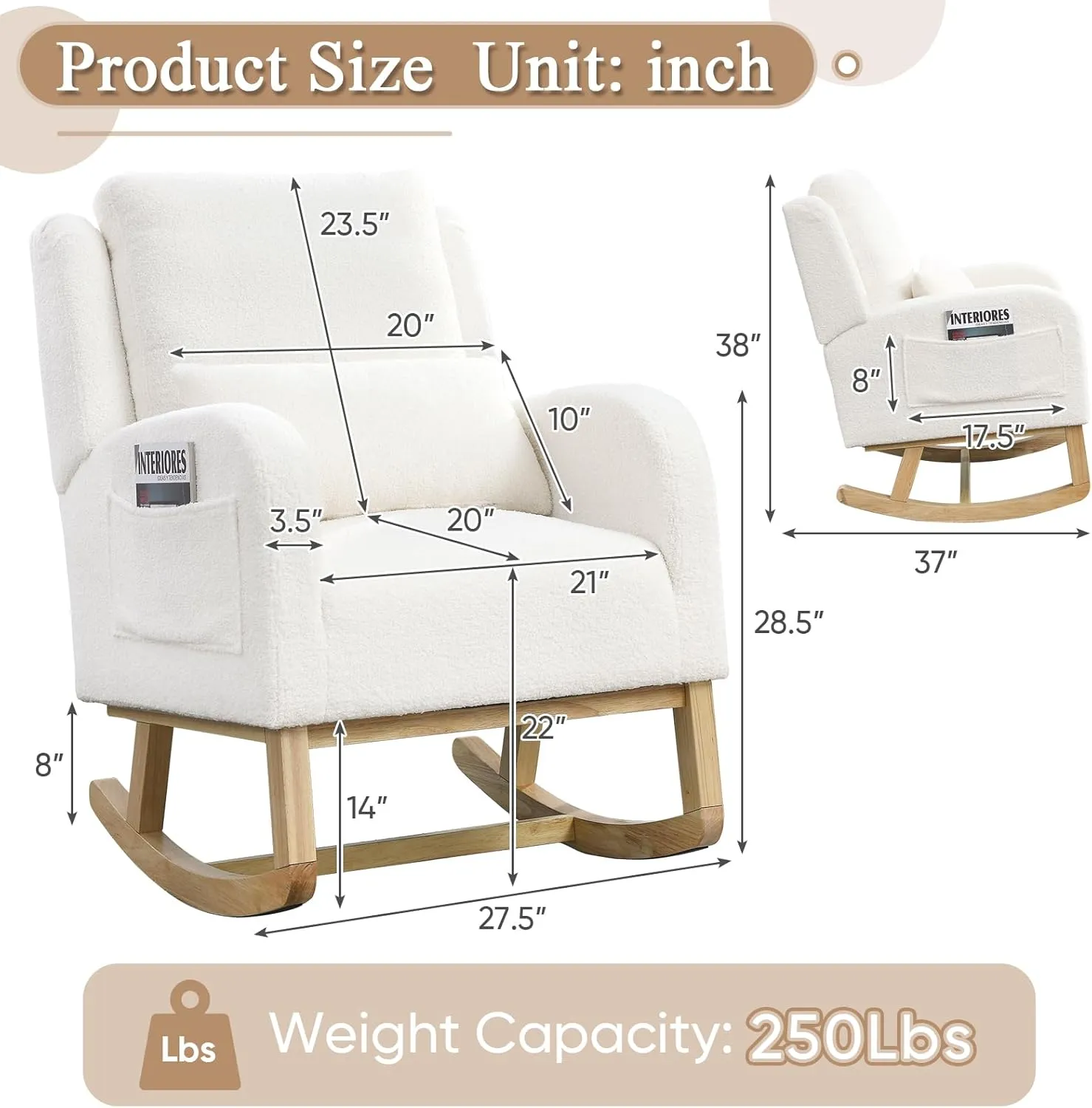 Rocking Glider Chair for Nursery, Wingback Accent Rocker Chair Upholstered Tall Back Arm Chair w/Side Pockets, Modern Leisure Single Sofa for Living Room, Hotel, Bedroom, Baby Room, Cream