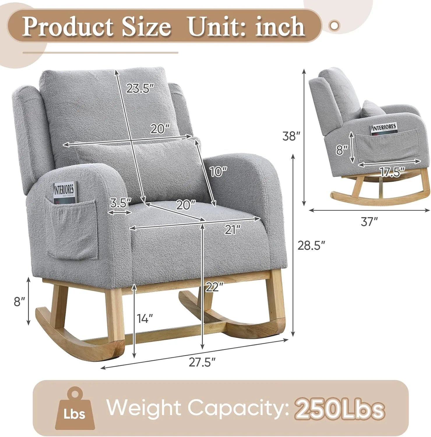 Rocking Glider Chair for Nursery, Wingback Accent Rocker Chair Upholstered Tall Back Arm Chair w/Side Pockets, Modern Leisure Single Sofa for Living Room, Hotel, Bedroom, Baby Room, Grey