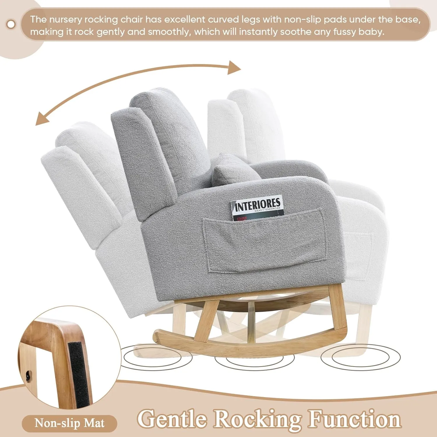Rocking Glider Chair for Nursery, Wingback Accent Rocker Chair Upholstered Tall Back Arm Chair w/Side Pockets, Modern Leisure Single Sofa for Living Room, Hotel, Bedroom, Baby Room, Grey