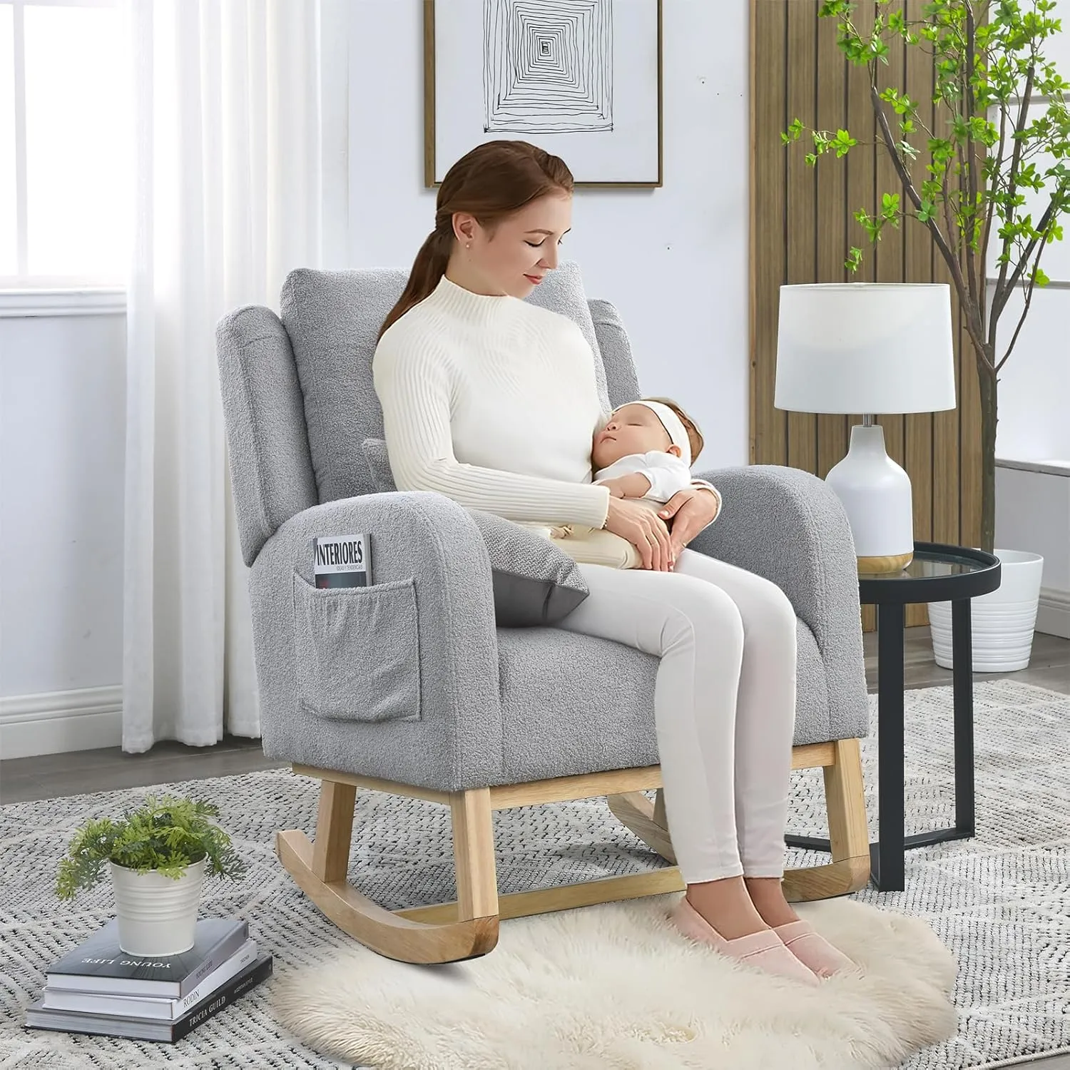 Rocking Glider Chair for Nursery, Wingback Accent Rocker Chair Upholstered Tall Back Arm Chair w/Side Pockets, Modern Leisure Single Sofa for Living Room, Hotel, Bedroom, Baby Room, Grey