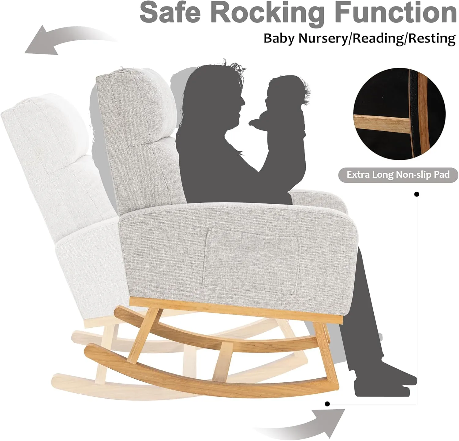 Rocking Glider Chair Nursery, Nursing Rocker Armchair with Rubber Wood Legs and Side Pocket for Living Room, Bedroom, Grey