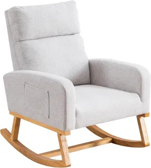 Rocking Glider Chair Nursery, Nursing Rocker Armchair with Rubber Wood Legs and Side Pocket for Living Room, Bedroom, Grey