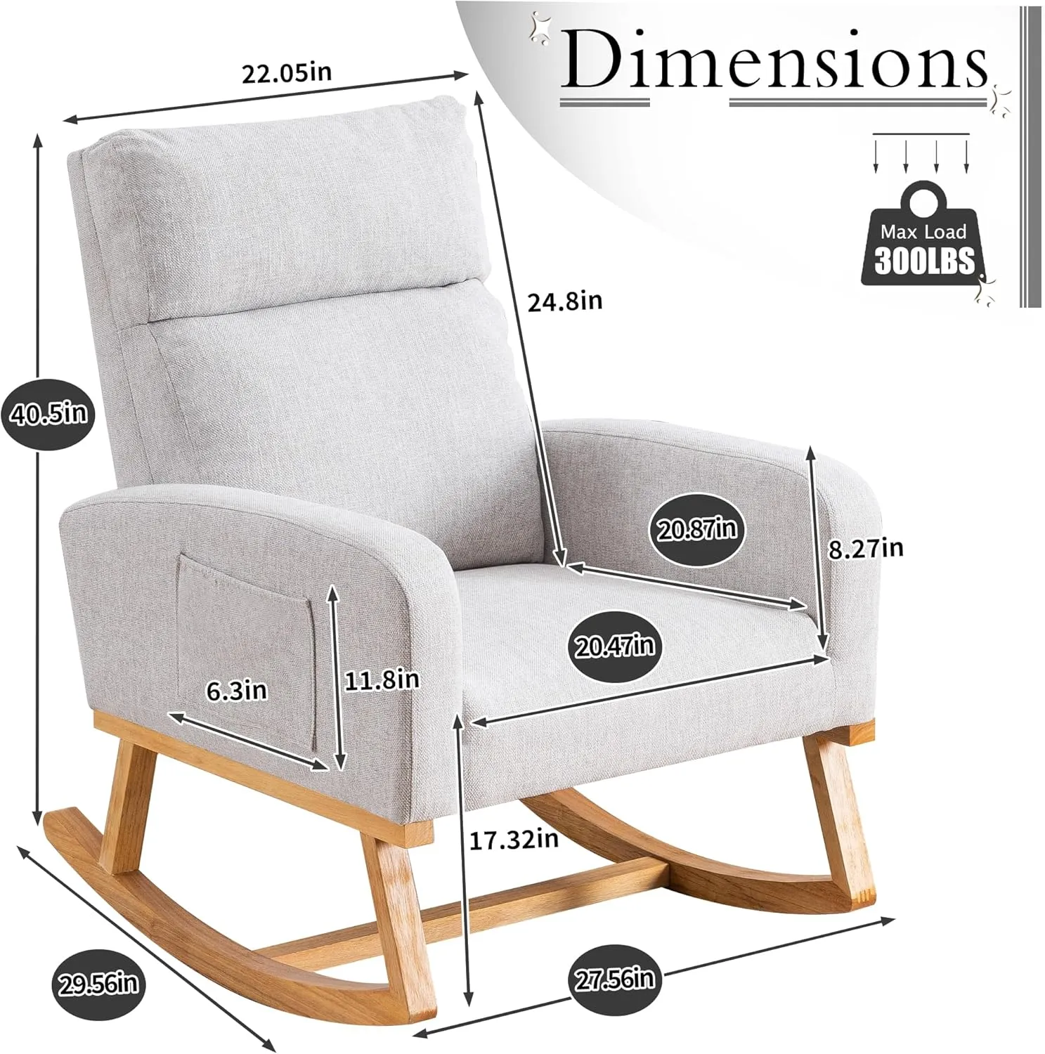 Rocking Glider Chair Nursery, Nursing Rocker Armchair with Rubber Wood Legs and Side Pocket for Living Room, Bedroom, Grey