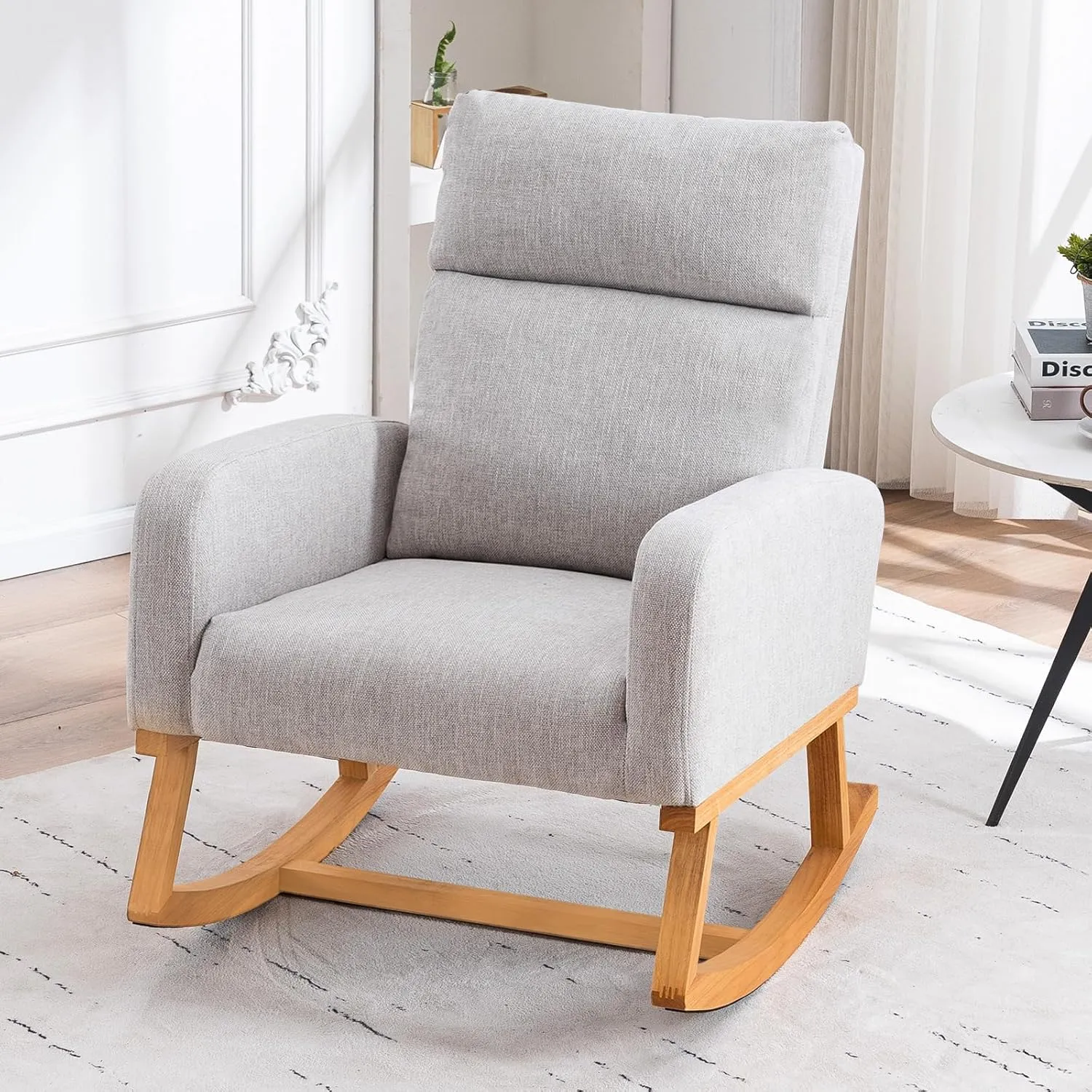Rocking Glider Chair Nursery, Nursing Rocker Armchair with Rubber Wood Legs and Side Pocket for Living Room, Bedroom, Grey
