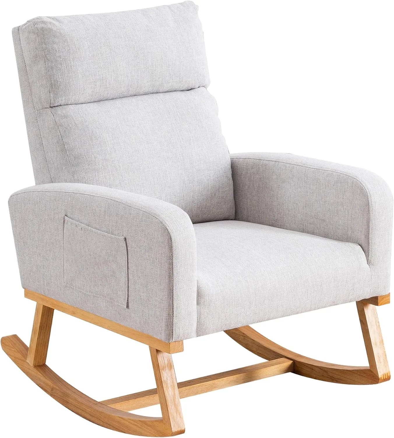 Rocking Glider Chair Nursery, Nursing Rocker Armchair with Rubber Wood Legs and Side Pocket for Living Room, Bedroom, Grey
