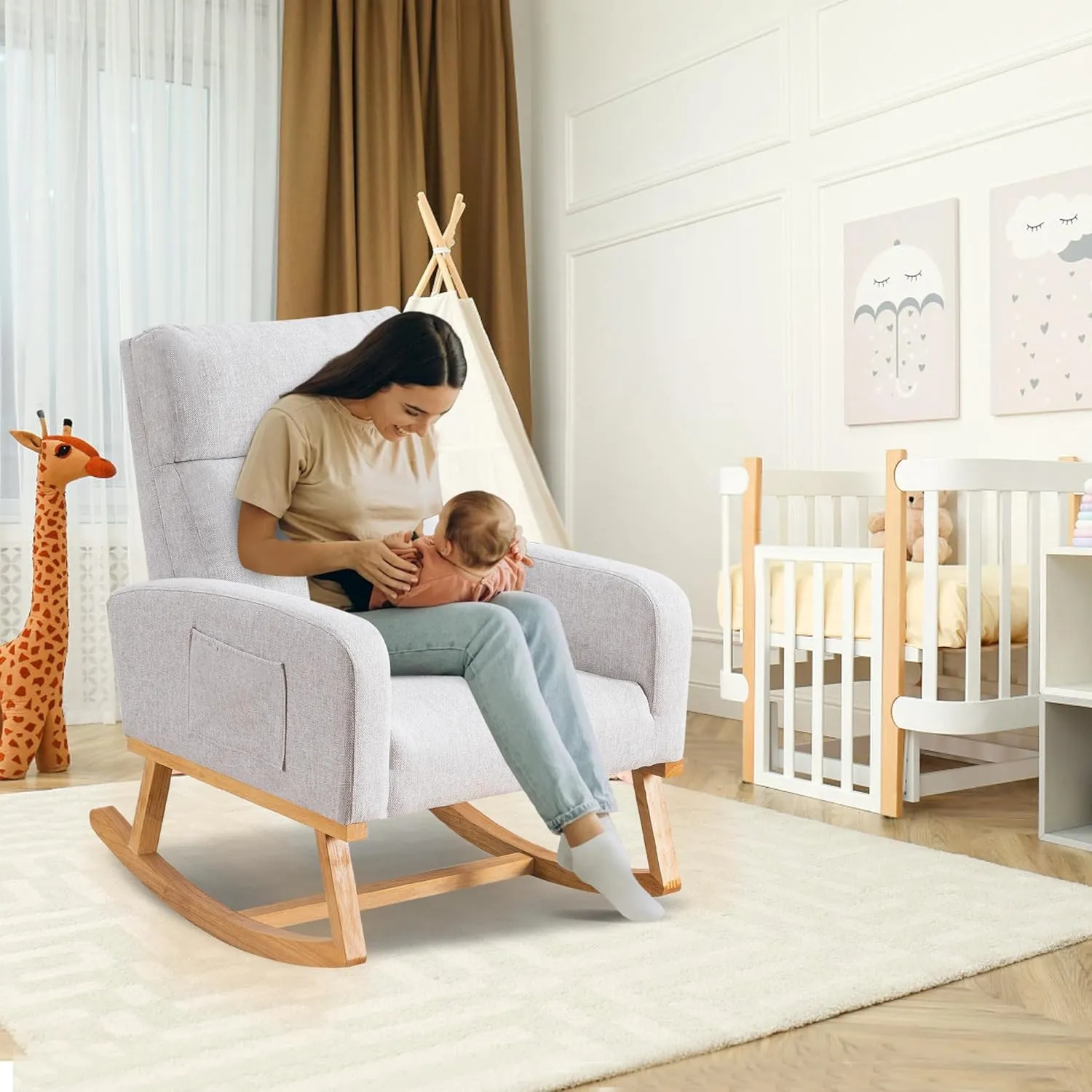 Rocking Glider Chair Nursery, Nursing Rocker Armchair with Rubber Wood Legs and Side Pocket for Living Room, Bedroom, Grey