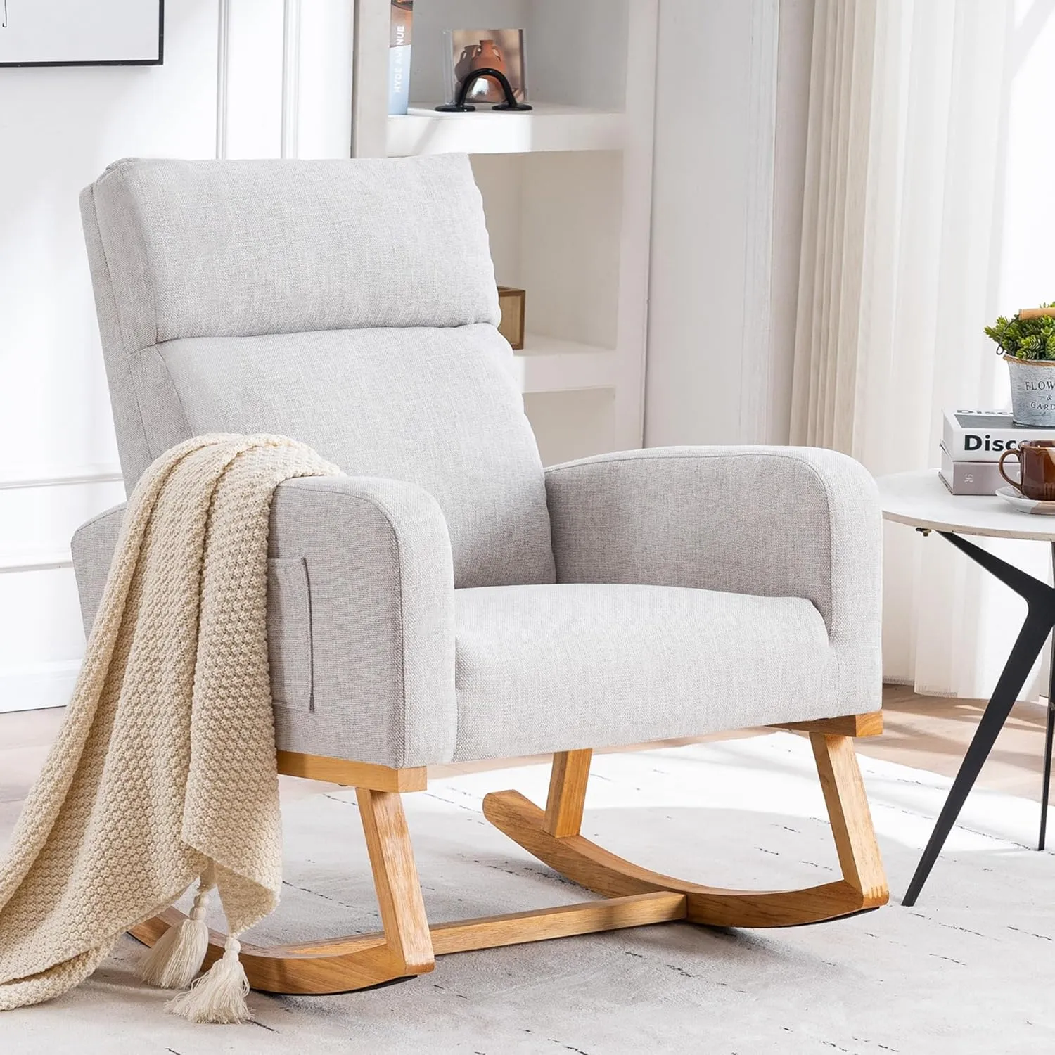 Rocking Glider Chair Nursery, Nursing Rocker Armchair with Rubber Wood Legs and Side Pocket for Living Room, Bedroom, Grey