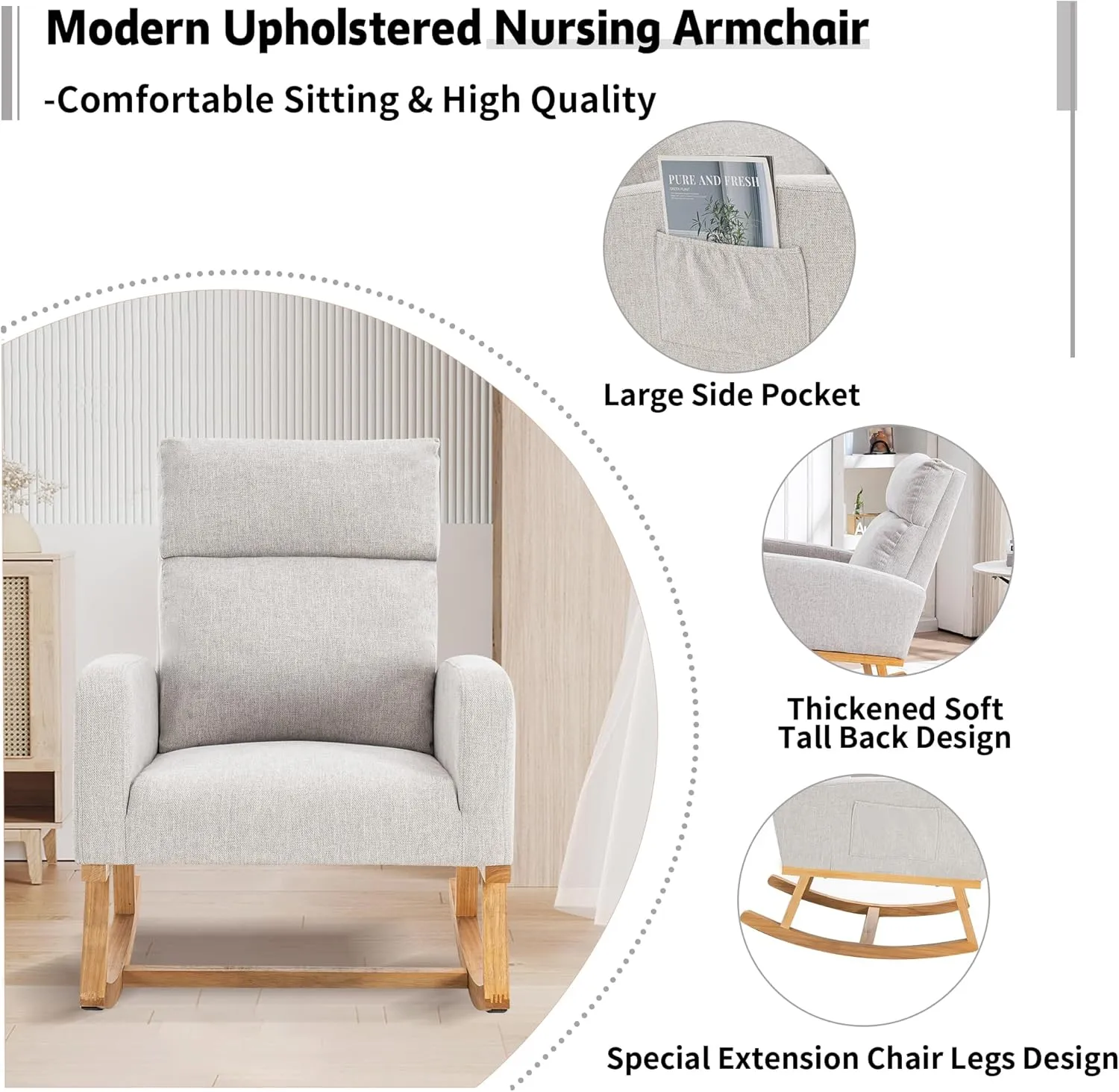 Rocking Glider Chair Nursery, Nursing Rocker Armchair with Rubber Wood Legs and Side Pocket for Living Room, Bedroom, Grey