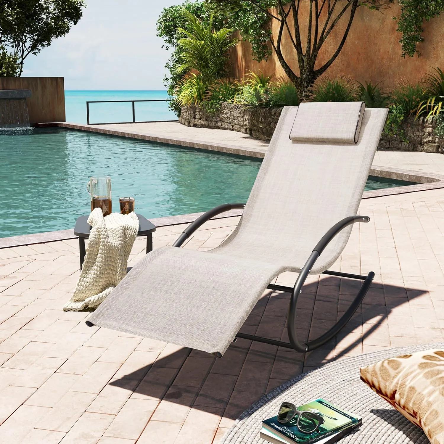 Rocking Outdoor Lounger Chair Chaise Lounge Zero Gravity Rocker - Patio Lounge Chair Rocking Sunlonger for Sunbathing, Napping for Patio, Garden, Living Room