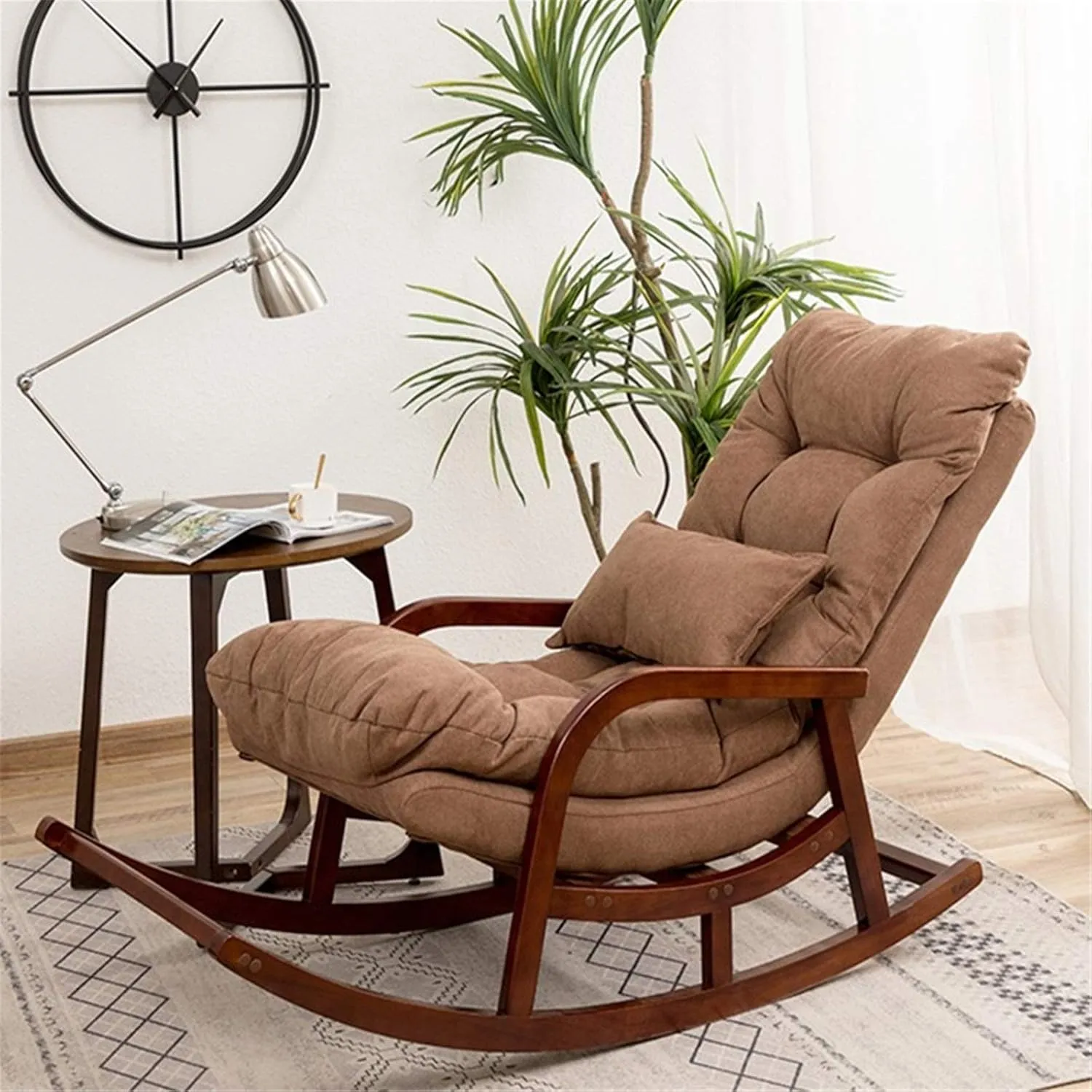 Rocking Outdoor Lounger Chair Chaise Lounge Zero Gravity Rocker,Nordic Leisure Rocking Chair Recliner for Adults Easy Home Sofa Fabric Chair for Balcony Brown (148x60x88cm)