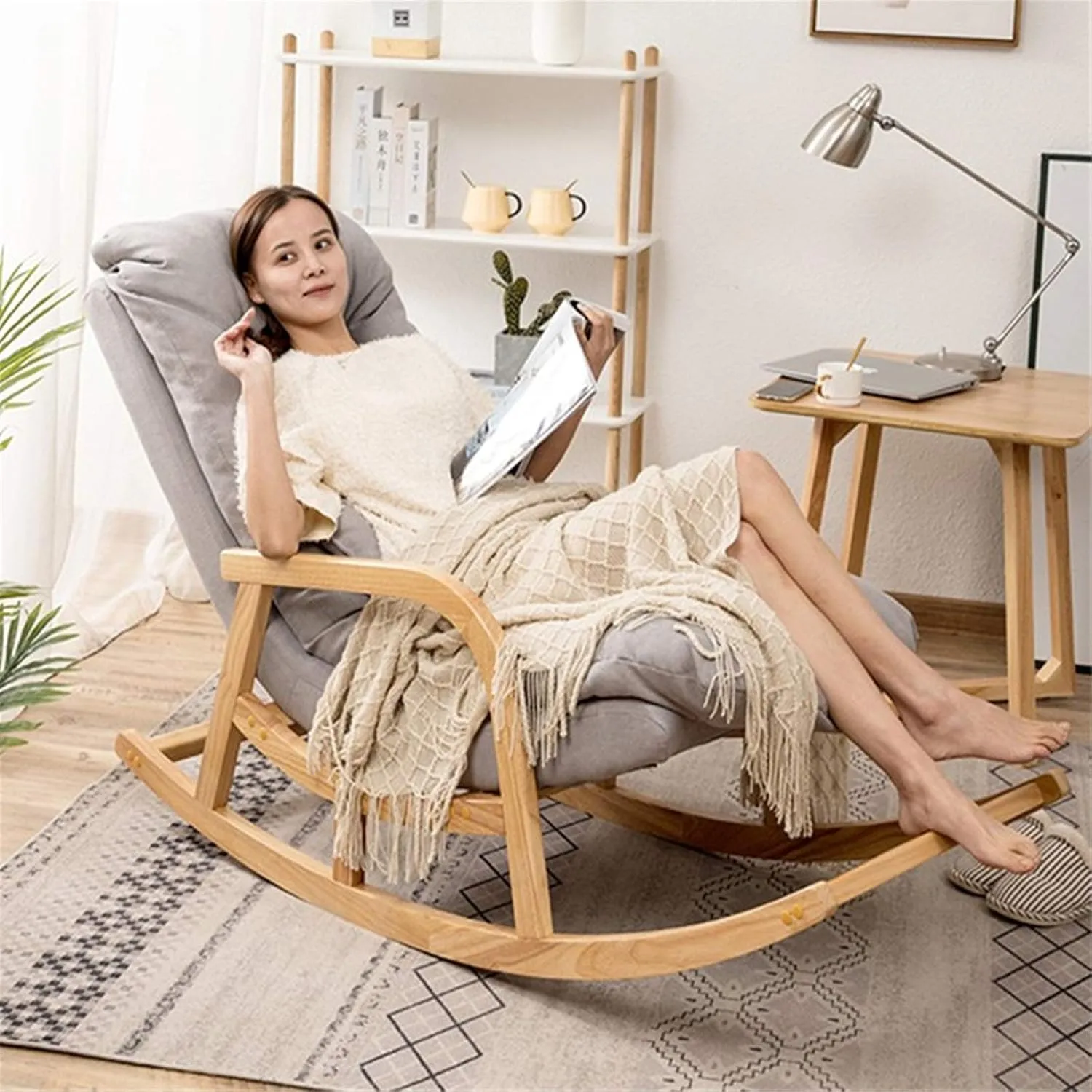 Rocking Outdoor Lounger Chair Chaise Lounge Zero Gravity Rocker,Nordic Leisure Rocking Chair Recliner for Adults Gray Fabric Easy Chair for Balcony or Home 148x60x88cm