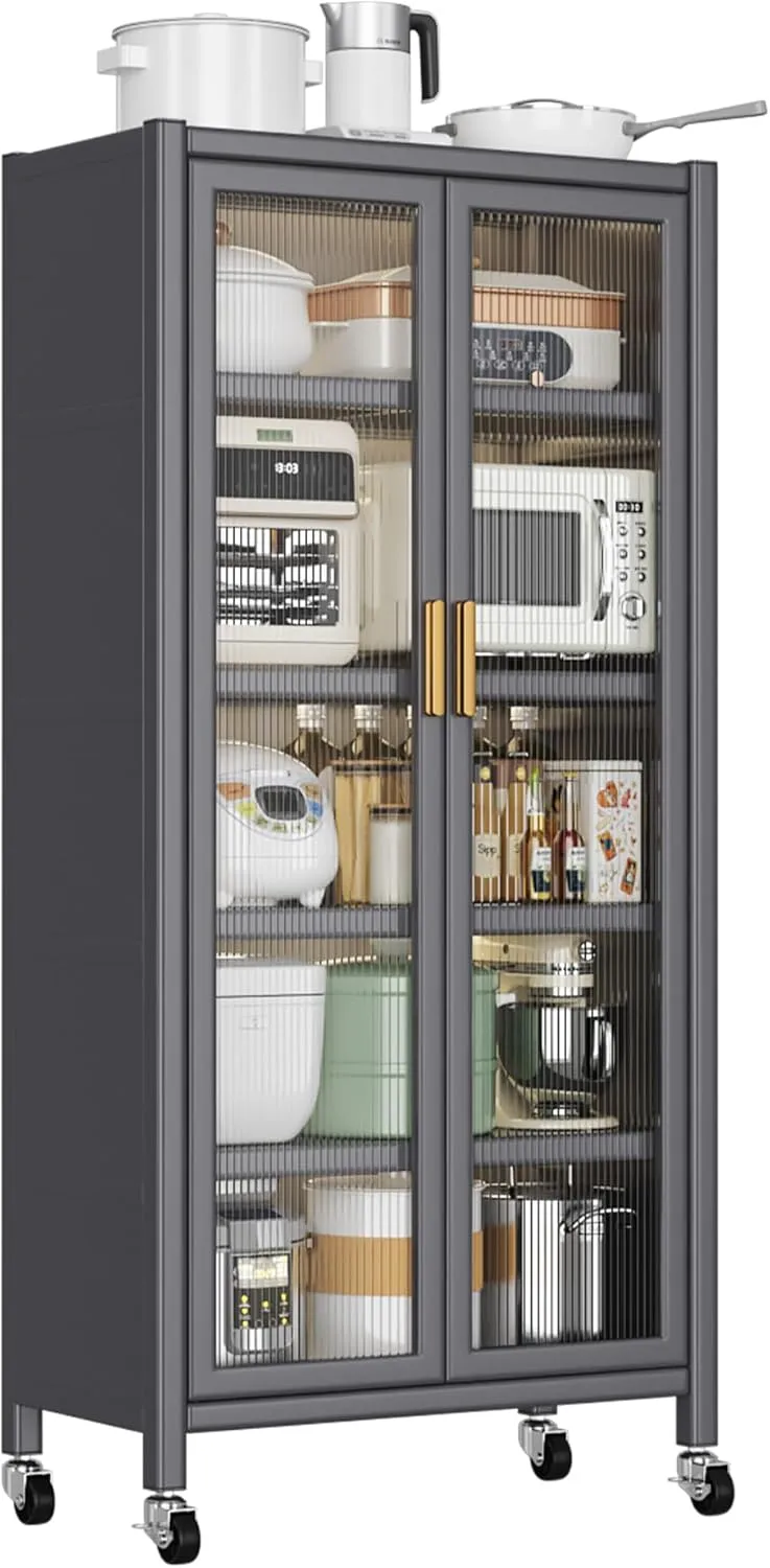 Rolling Metal Display Cabinet with Glass Doors, 65" H Glass Curio Display Cabinet with 4 Shelves, Kitchen Pantry Cabinet Tall Bookcase Modern Bookshelf Cabinet for Home Office (Grey)