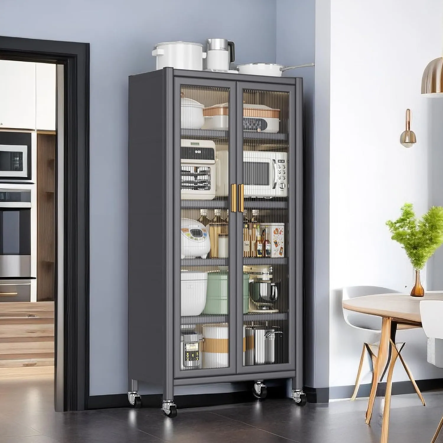 Rolling Metal Display Cabinet with Glass Doors, 65" H Glass Curio Display Cabinet with 4 Shelves, Kitchen Pantry Cabinet Tall Bookcase Modern Bookshelf Cabinet for Home Office (Grey)