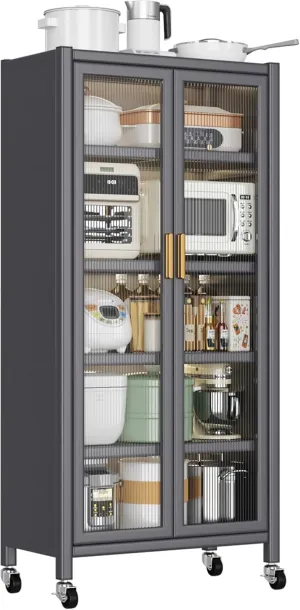 Rolling Metal Display Cabinet with Glass Doors, 65" H Glass Curio Display Cabinet with 4 Shelves, Kitchen Pantry Cabinet Tall Bookcase Modern Bookshelf Cabinet for Home Office (Grey)