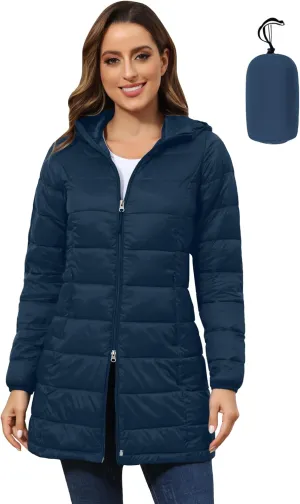 ROYAL MATRIX Women's Packable Puffer Coat, Regular and Plus Size Lightweight Puffer Coat Long Puffer Coat with Hood