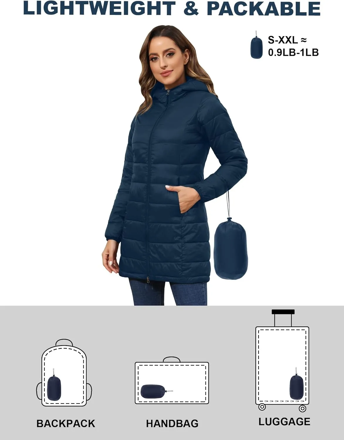 ROYAL MATRIX Women's Packable Puffer Coat, Regular and Plus Size Lightweight Puffer Coat Long Puffer Coat with Hood