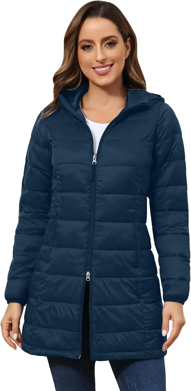 ROYAL MATRIX Women's Packable Puffer Coat, Regular and Plus Size Lightweight Puffer Coat Long Puffer Coat with Hood