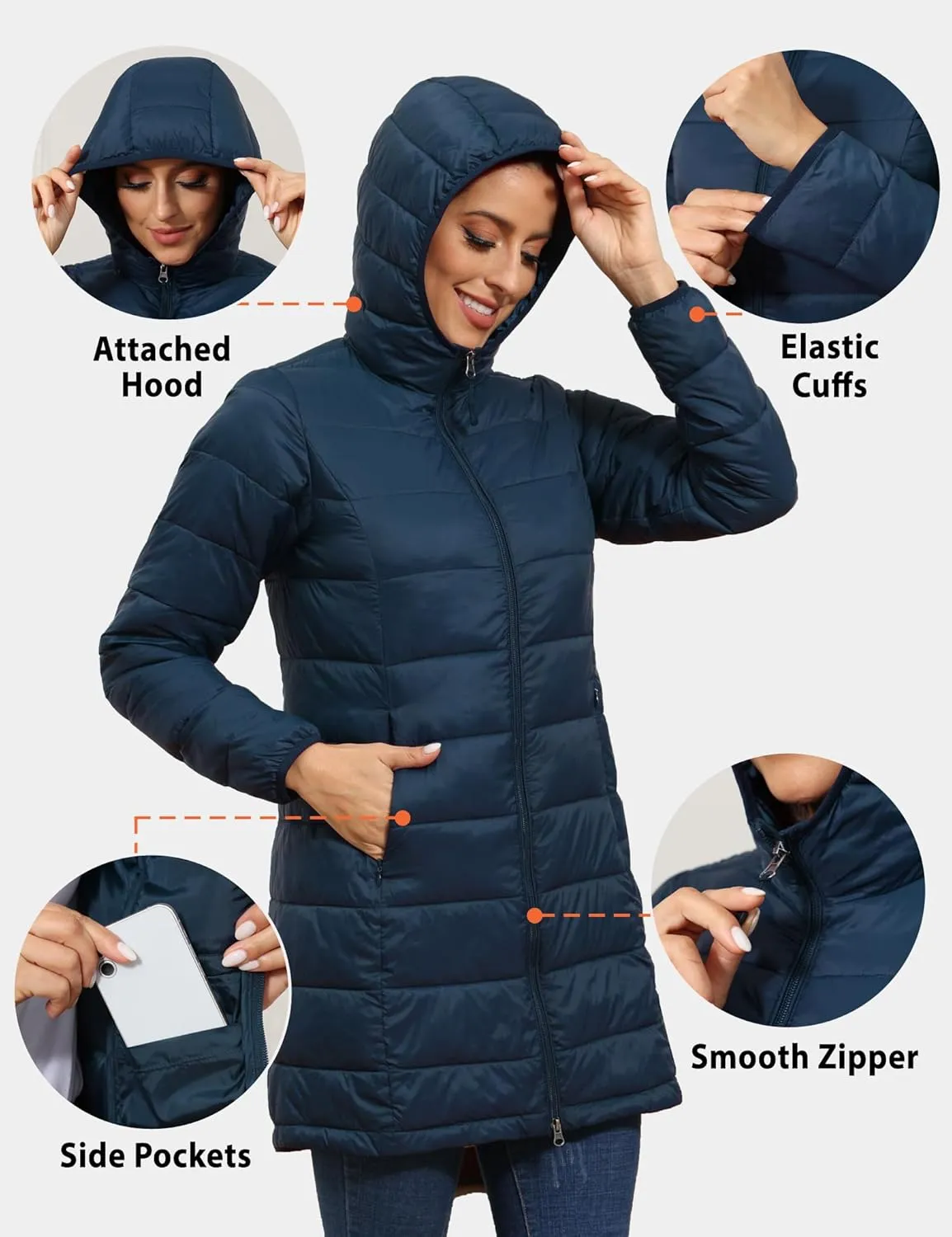 ROYAL MATRIX Women's Packable Puffer Coat, Regular and Plus Size Lightweight Puffer Coat Long Puffer Coat with Hood