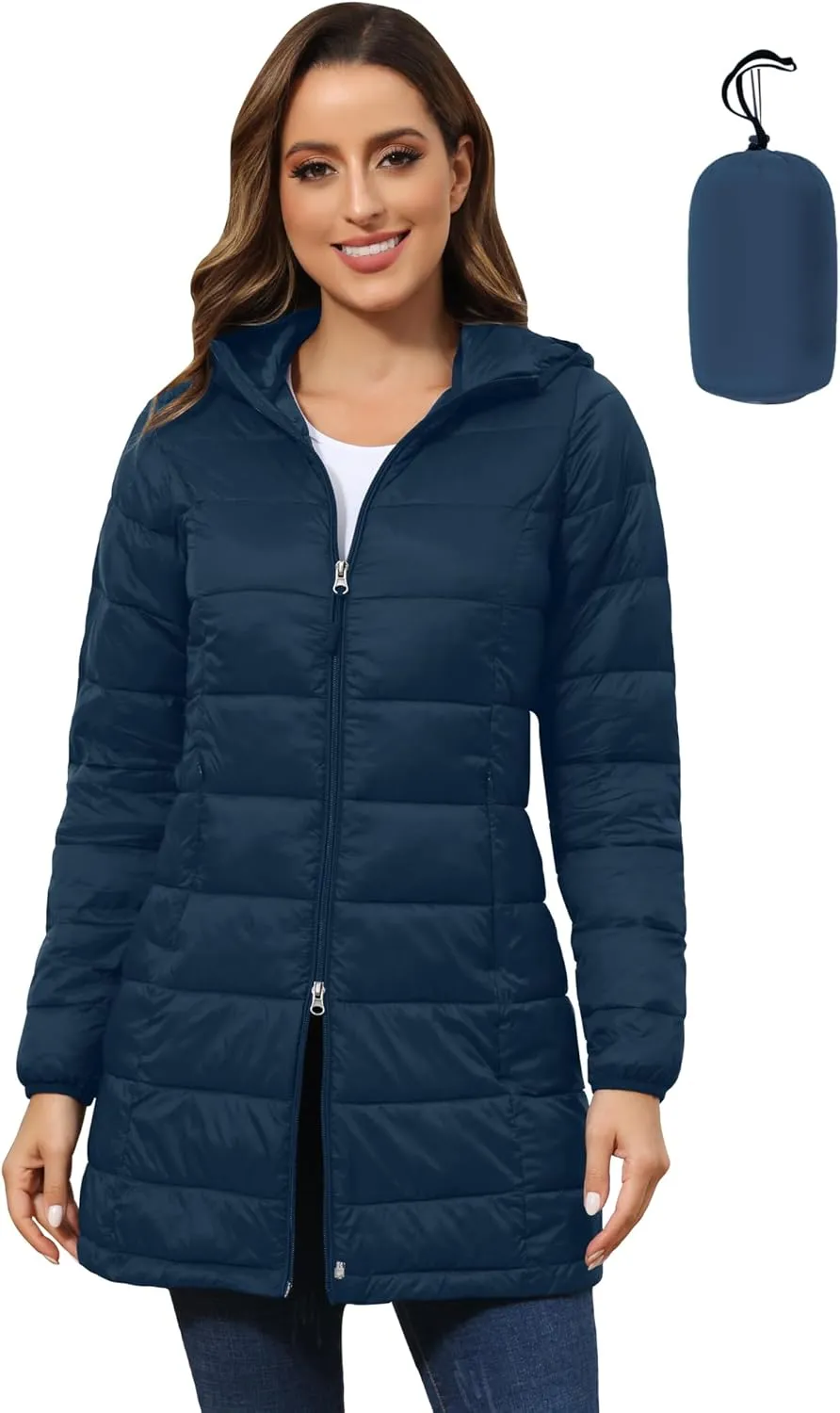 ROYAL MATRIX Women's Packable Puffer Coat, Regular and Plus Size Lightweight Puffer Coat Long Puffer Coat with Hood