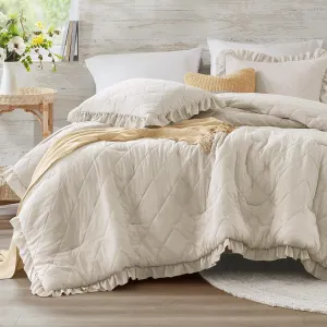 Ruffle Bedding Set, Shabby Chic Farmhouse Queen Size Comforter Beige, Boho Fluffy Cozy Washed Microfiber Bed Sets with Geometric Lattice Pattern, 3 Piece with Ruffled Pillow Shams