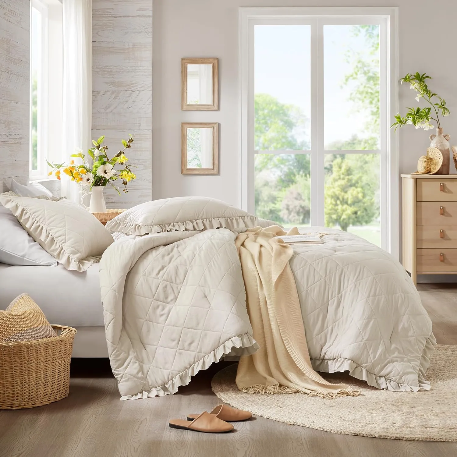 Ruffle Bedding Set, Shabby Chic Farmhouse Queen Size Comforter Beige, Boho Fluffy Cozy Washed Microfiber Bed Sets with Geometric Lattice Pattern, 3 Piece with Ruffled Pillow Shams