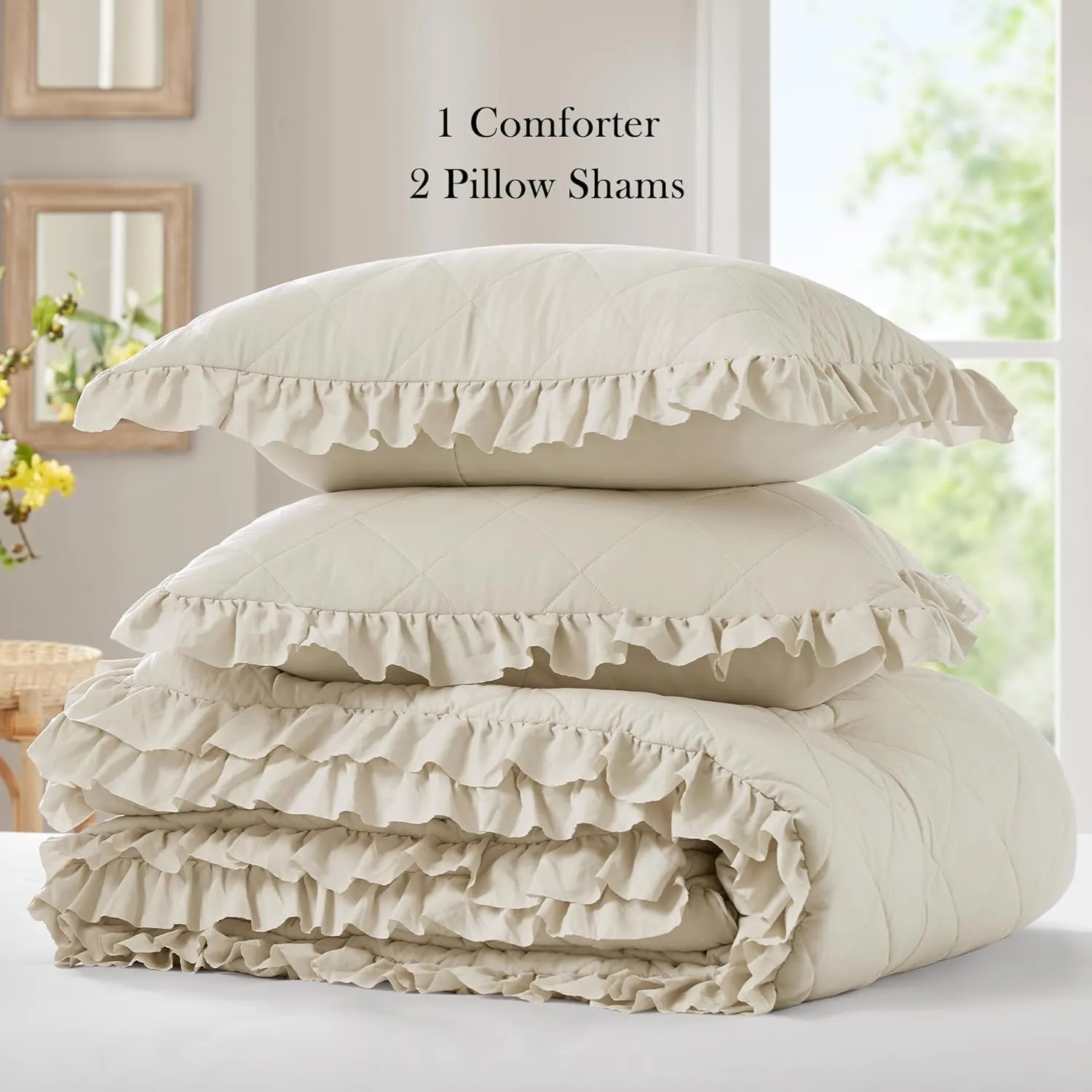 Ruffle Bedding Set, Shabby Chic Farmhouse Queen Size Comforter Beige, Boho Fluffy Cozy Washed Microfiber Bed Sets with Geometric Lattice Pattern, 3 Piece with Ruffled Pillow Shams