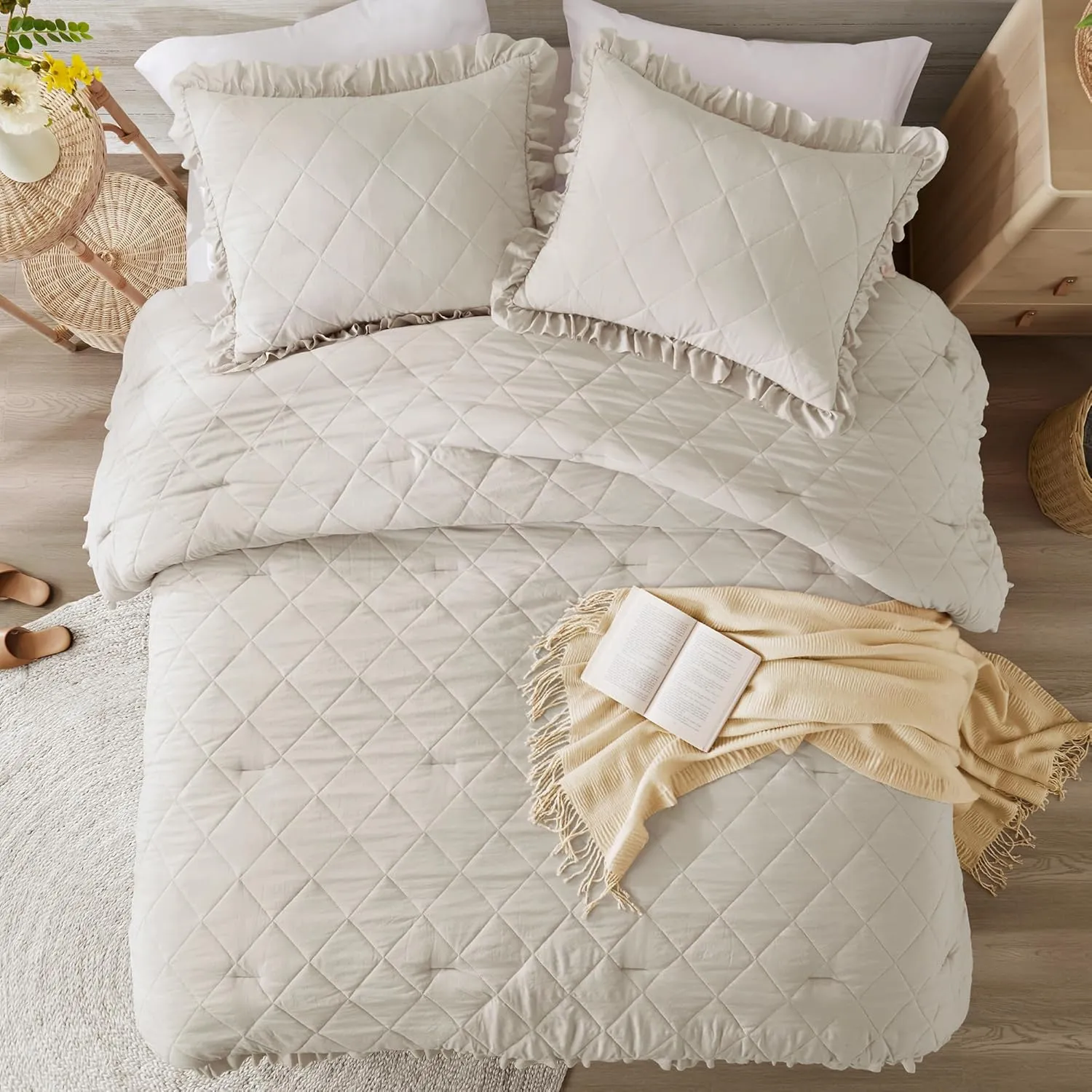 Ruffle Bedding Set, Shabby Chic Farmhouse Queen Size Comforter Beige, Boho Fluffy Cozy Washed Microfiber Bed Sets with Geometric Lattice Pattern, 3 Piece with Ruffled Pillow Shams