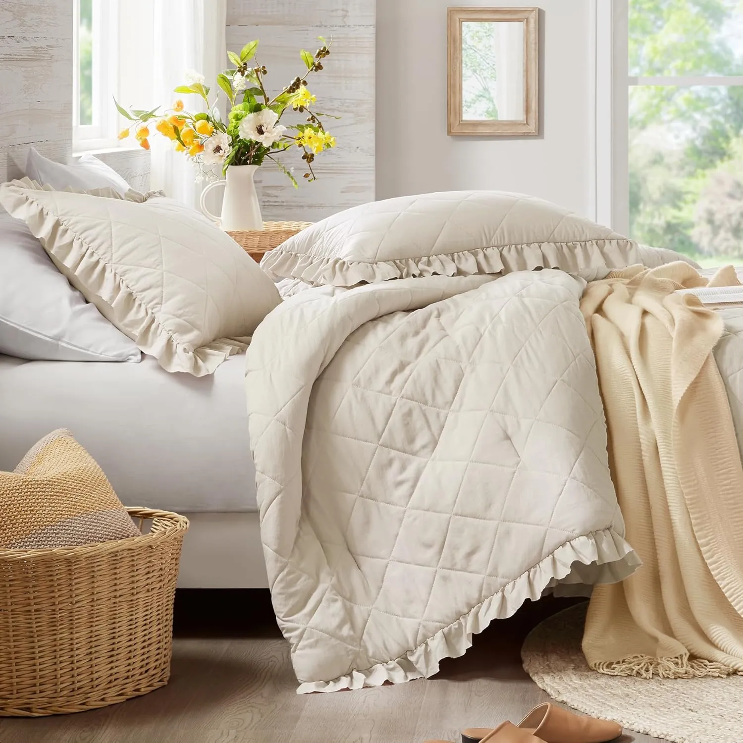 Ruffle Bedding Set, Shabby Chic Farmhouse Queen Size Comforter Beige, Boho Fluffy Cozy Washed Microfiber Bed Sets with Geometric Lattice Pattern, 3 Piece with Ruffled Pillow Shams