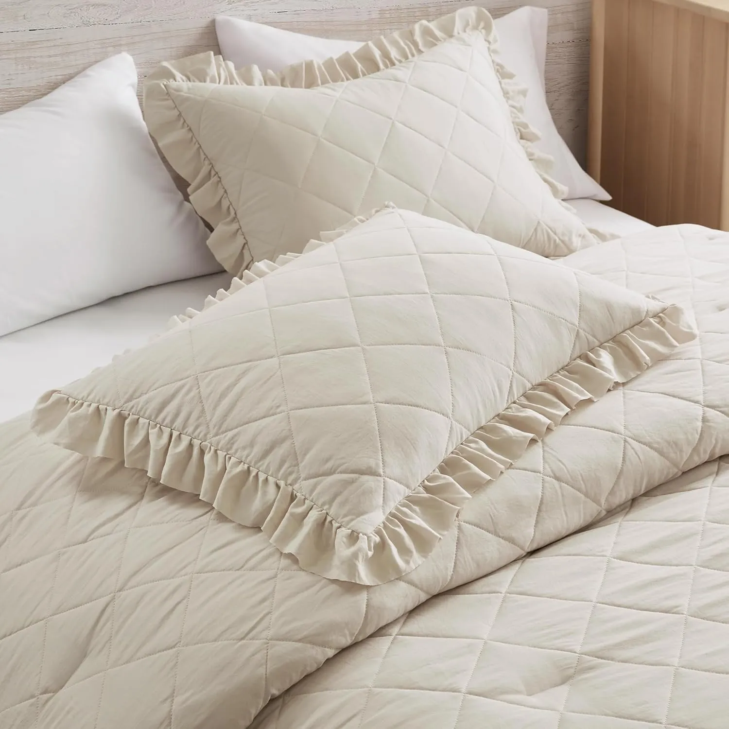 Ruffle Bedding Set, Shabby Chic Farmhouse Queen Size Comforter Beige, Boho Fluffy Cozy Washed Microfiber Bed Sets with Geometric Lattice Pattern, 3 Piece with Ruffled Pillow Shams