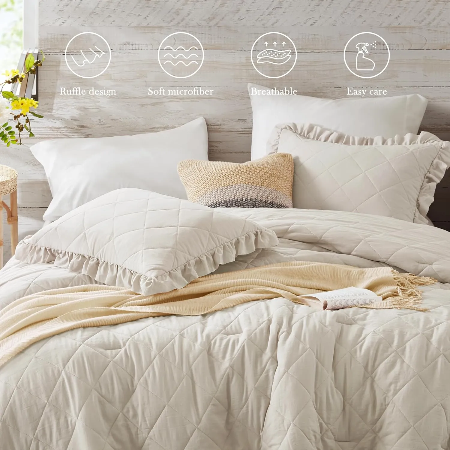 Ruffle Bedding Set, Shabby Chic Farmhouse Queen Size Comforter Beige, Boho Fluffy Cozy Washed Microfiber Bed Sets with Geometric Lattice Pattern, 3 Piece with Ruffled Pillow Shams
