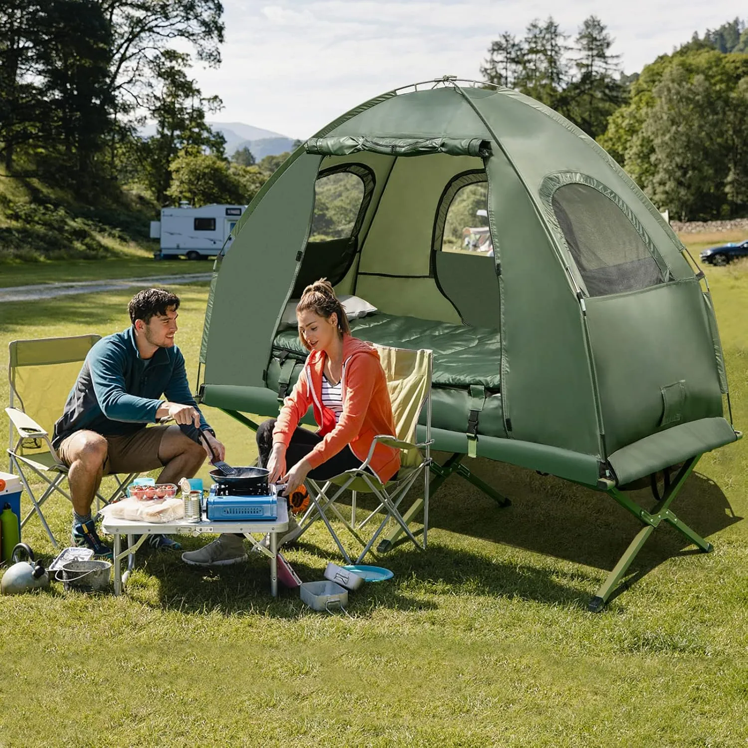 Safstar 5-in-1 Tent Cot, Camping Cot Tent with Air Mattress, Sleeping Bag, Camping Cot, Awning & Air Pillow, Carrying Bag, Off The Ground Tent, Elevated Tent Cot for Camping Hiking Picnic Travel