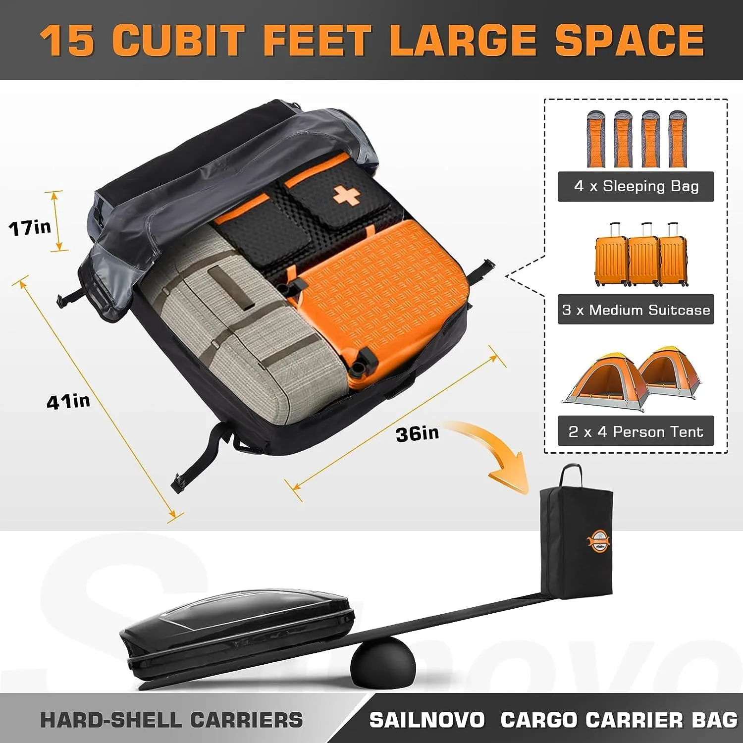 Sailnovo Car Rooftop Cargo Carrier Roof Bag, 15 Cubic feet Waterproof Roof Cargo Carrier fit car Without Luggage Rack - Vehicle Soft Shell Roof Cargo Box with Tie-Down Strap, Safety Hook