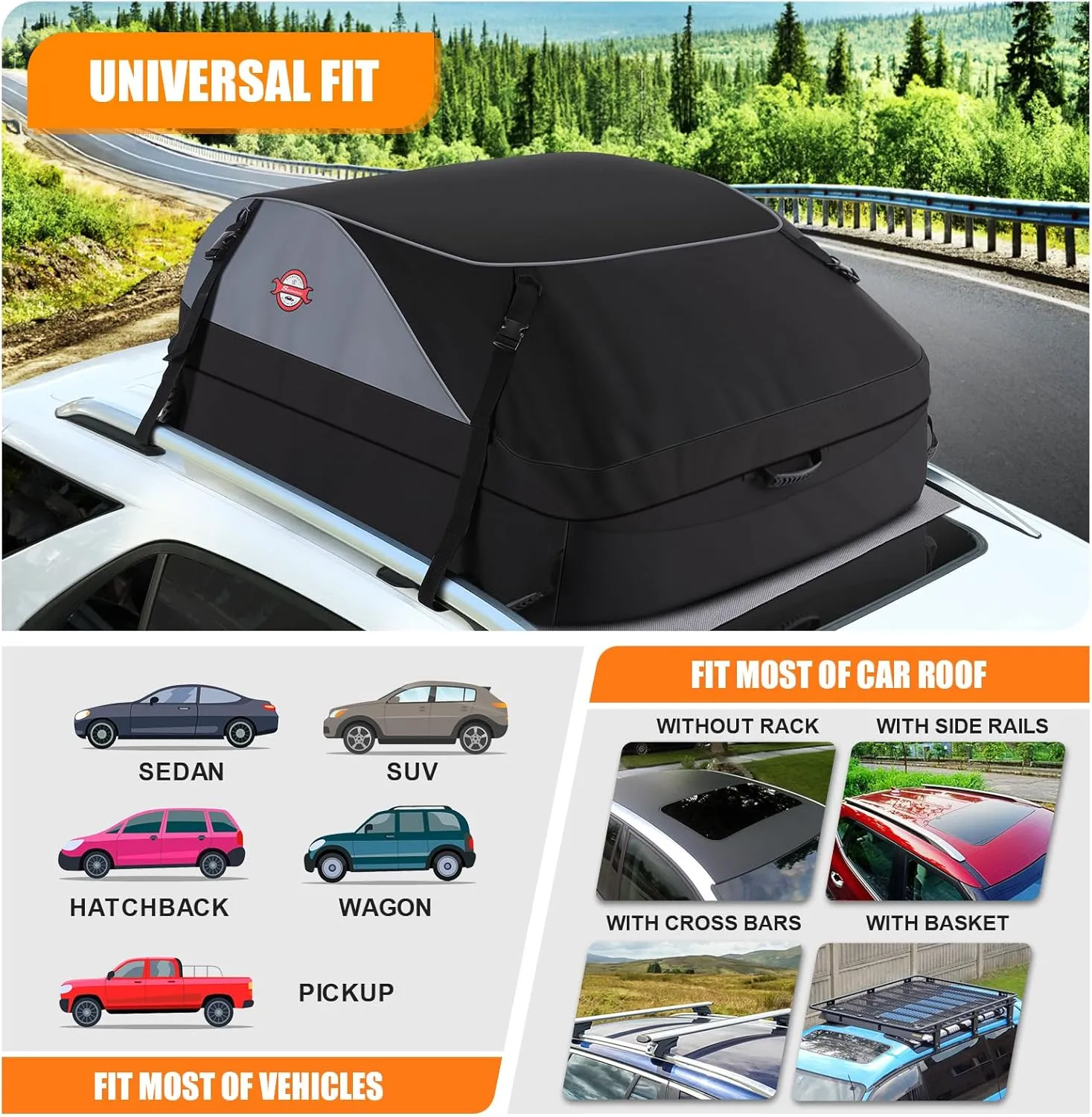 Sailnovo Car Rooftop Cargo Carrier Roof Bag, 15 Cubic feet Waterproof Roof Cargo Carrier fit car Without Luggage Rack - Vehicle Soft Shell Roof Cargo Box with Tie-Down Strap, Safety Hook