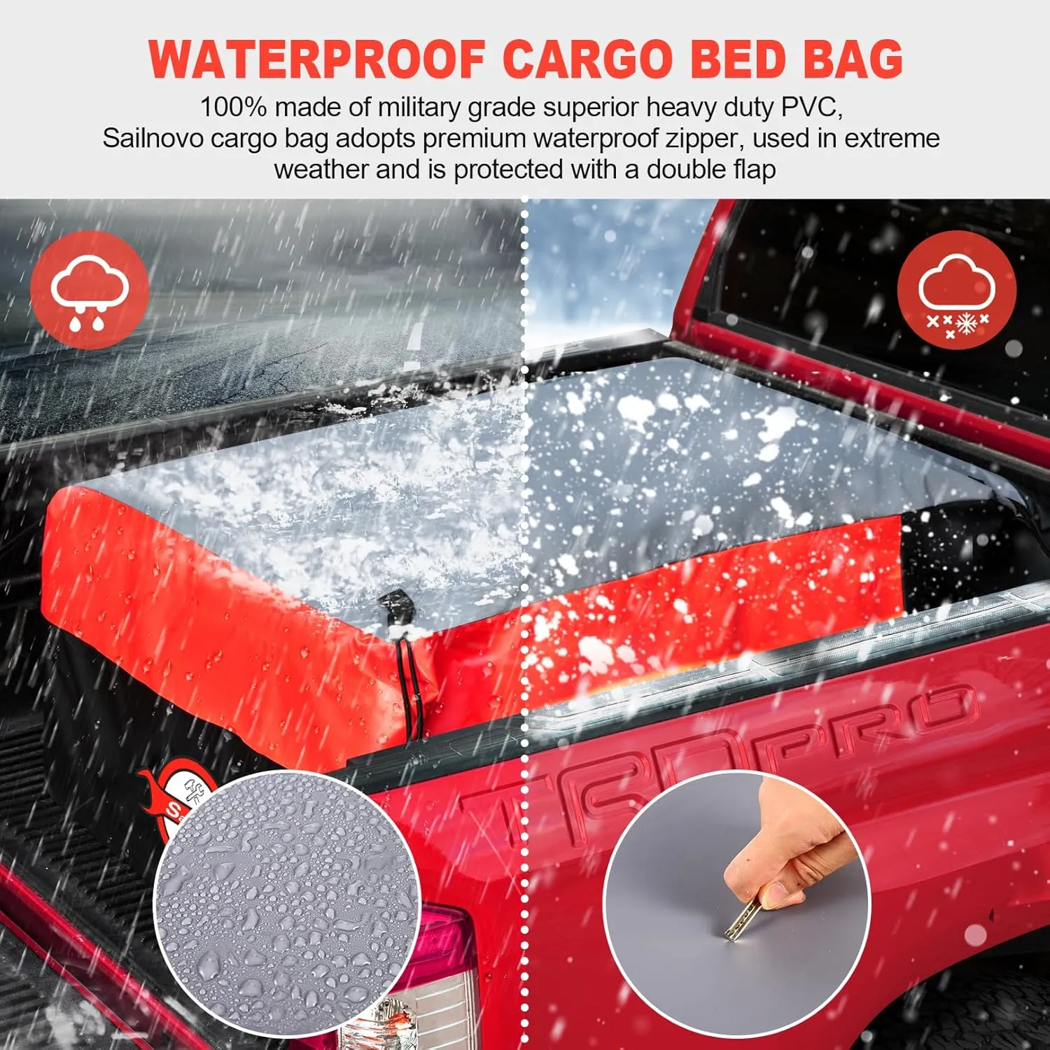 Sailnovo Truck Bed Cargo Bag, 26 Cubic ft 100% Waterproof Cargo Bag for Truck Bed, Heavy Duty PVC Truck Cargo Bag Fits Any Truck Size with 4 Stretch Cord, Packing Bag (50''x40''x22'') Red
