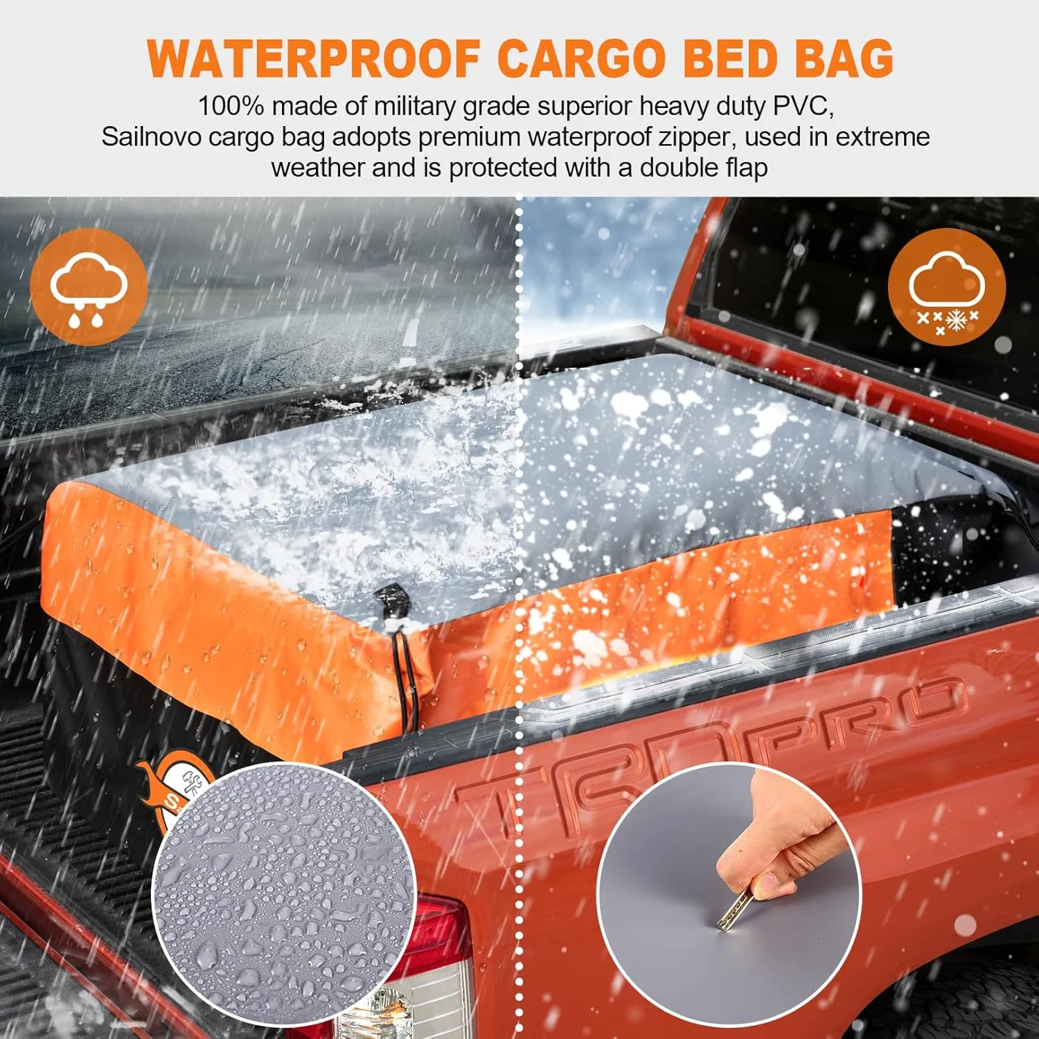 Sailnovo Truck Bed Cargo Bag, 36 Cubic ft 100% Waterproof Cargo Bag for Truck Bed, Heavy Duty PVC Truck Cargo Bag Fits Any Truck Size with 4 Stretch Cord, Packing Bag (59''x48''x22'')