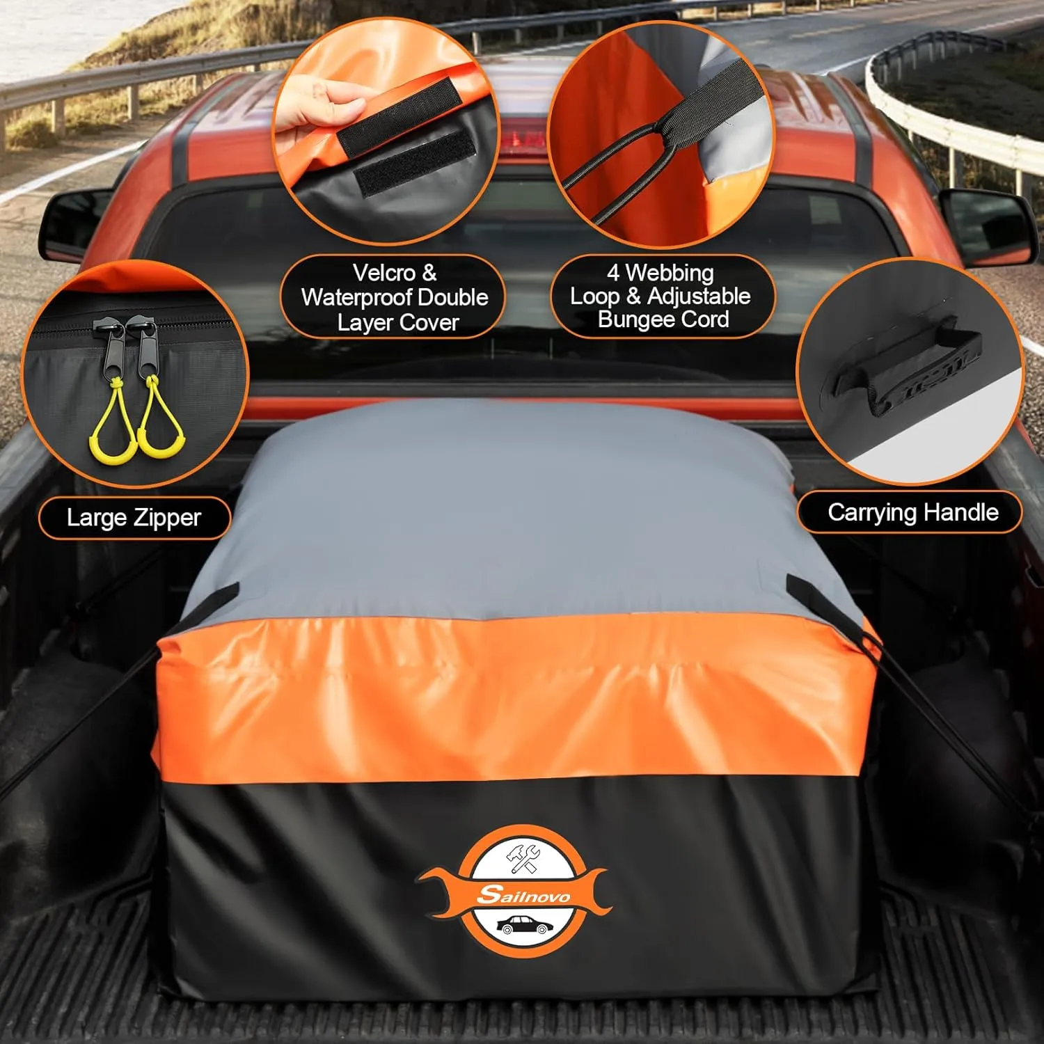 Sailnovo Truck Bed Cargo Bag, 36 Cubic ft 100% Waterproof Cargo Bag for Truck Bed, Heavy Duty PVC Truck Cargo Bag Fits Any Truck Size with 4 Stretch Cord, Packing Bag (59''x48''x22'')
