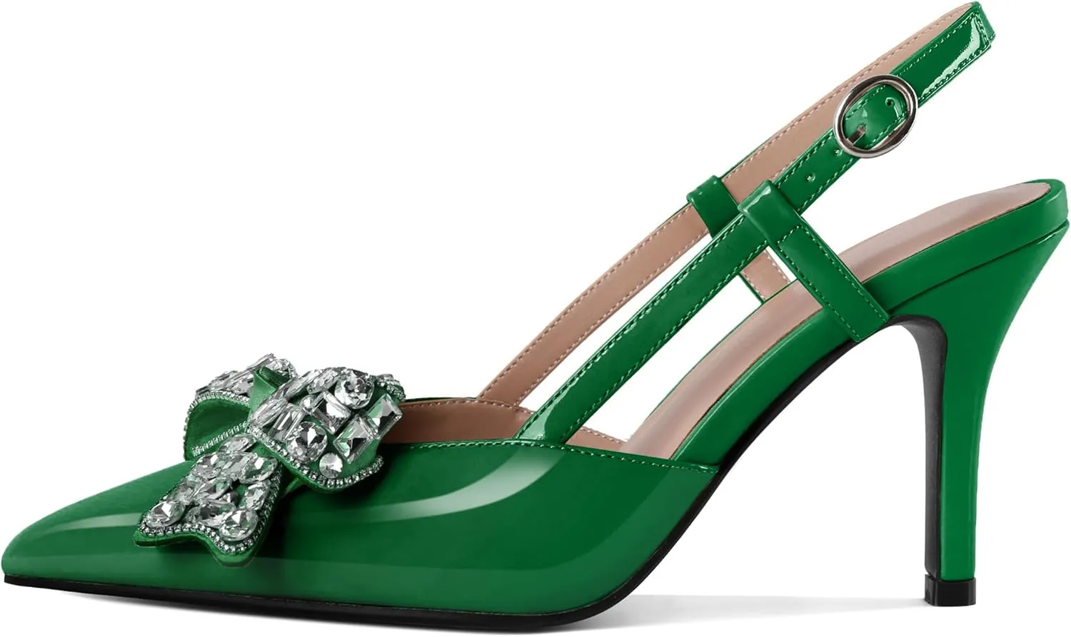 SAMMITOP Slingback Rhinestone Bow Heels for Women Closed Pointed Toe High Heel Ankle Strap Pumps Slip On Stilettos Wedding Bride Dress Shoes 3.5 Inch